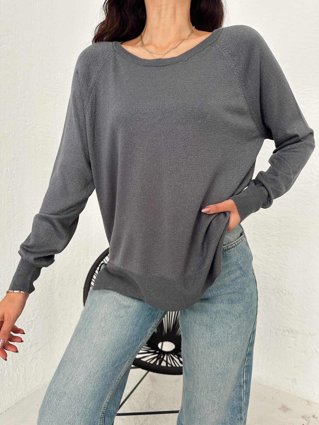 Bisiklet Yaka Simli İnce Triko FÜME