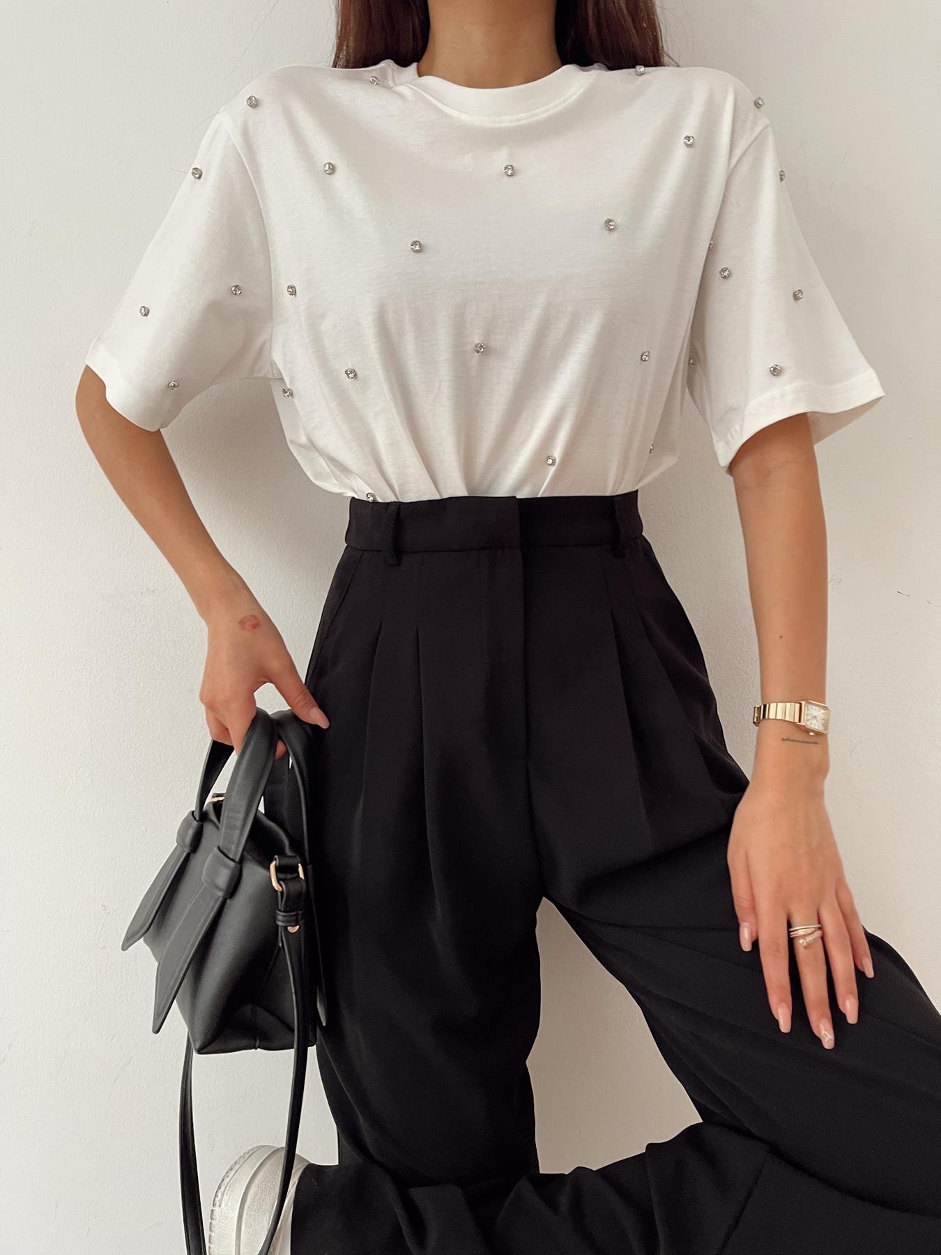 Bisiklet Yaka Taşlı Tişört BEYAZ