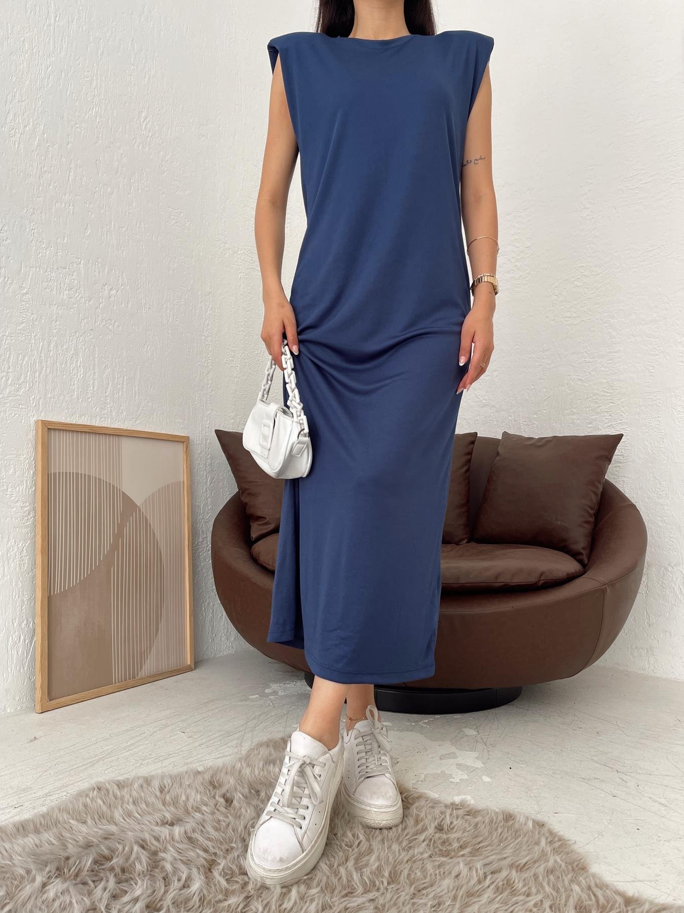 Bisiklet Yaka Vatkalı Elbise LACİVERT