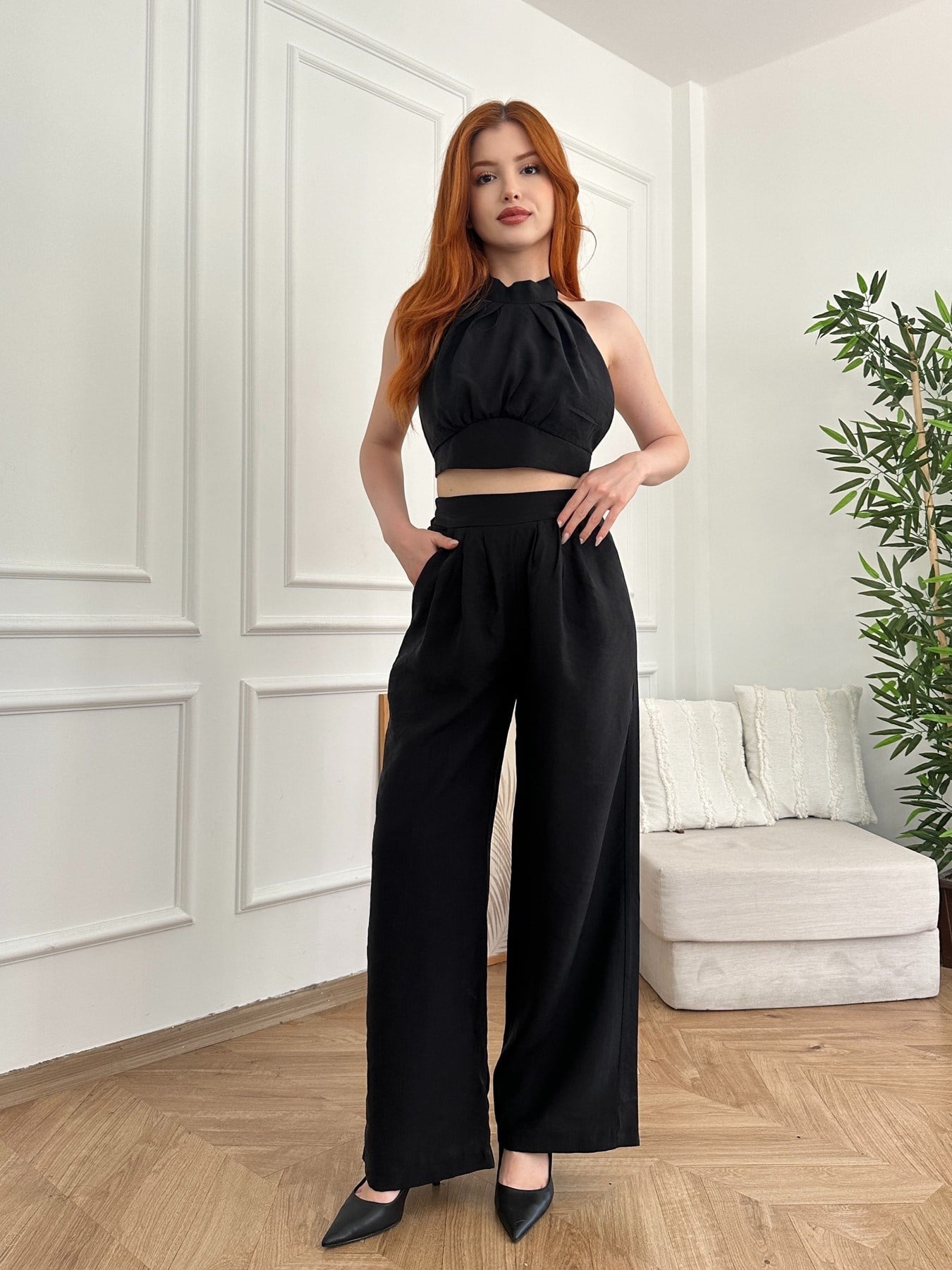 Boyundan Bağlamalı Crop - Pantolon Takım Siyah