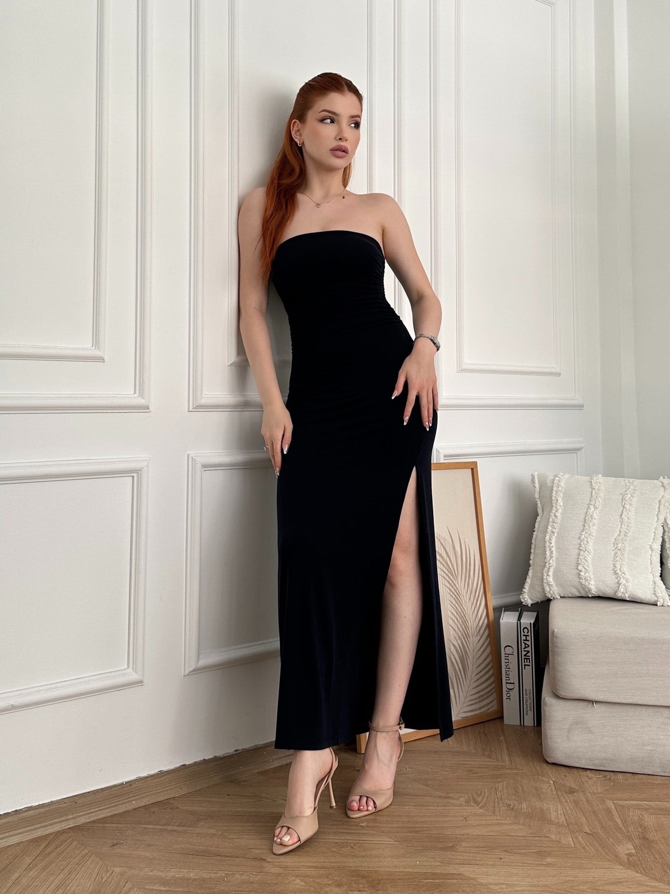 Büzgü Detay Yırtmaçlı Straplez Elbise Koyu lacivert