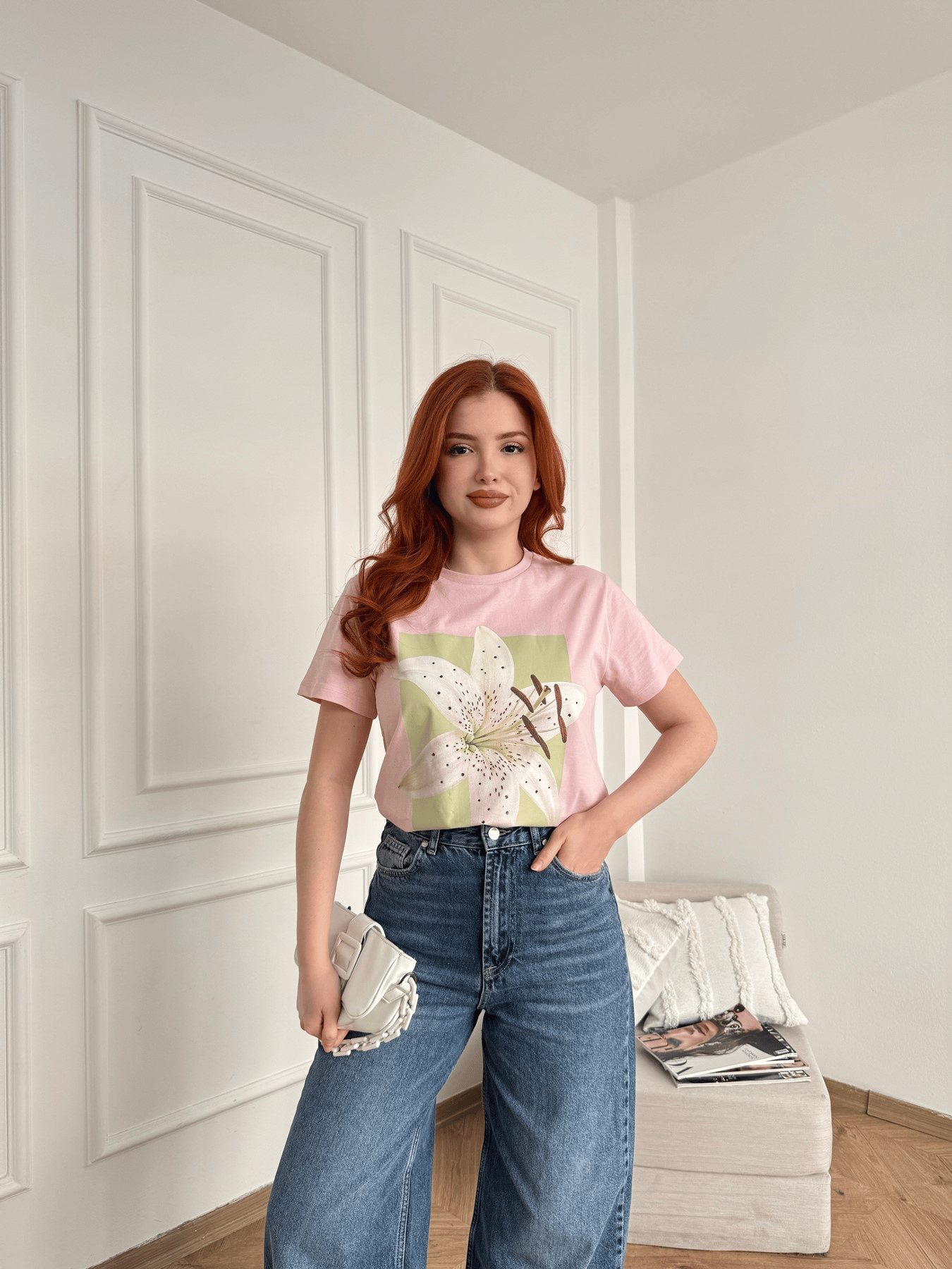 Çiçek Baskı Tişört Pembe