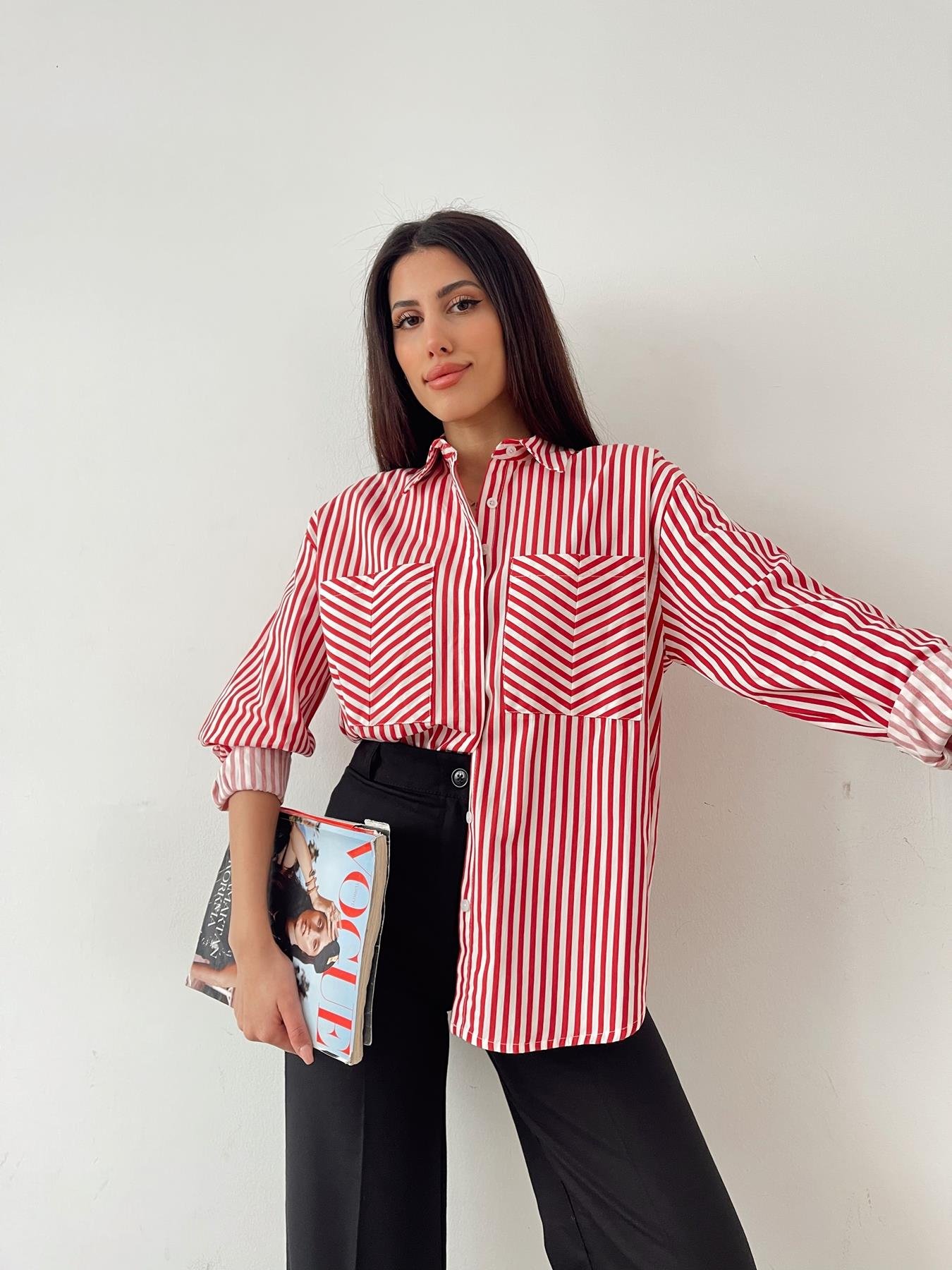 Çift Cep Çizgili Gömlek KIRMIZI