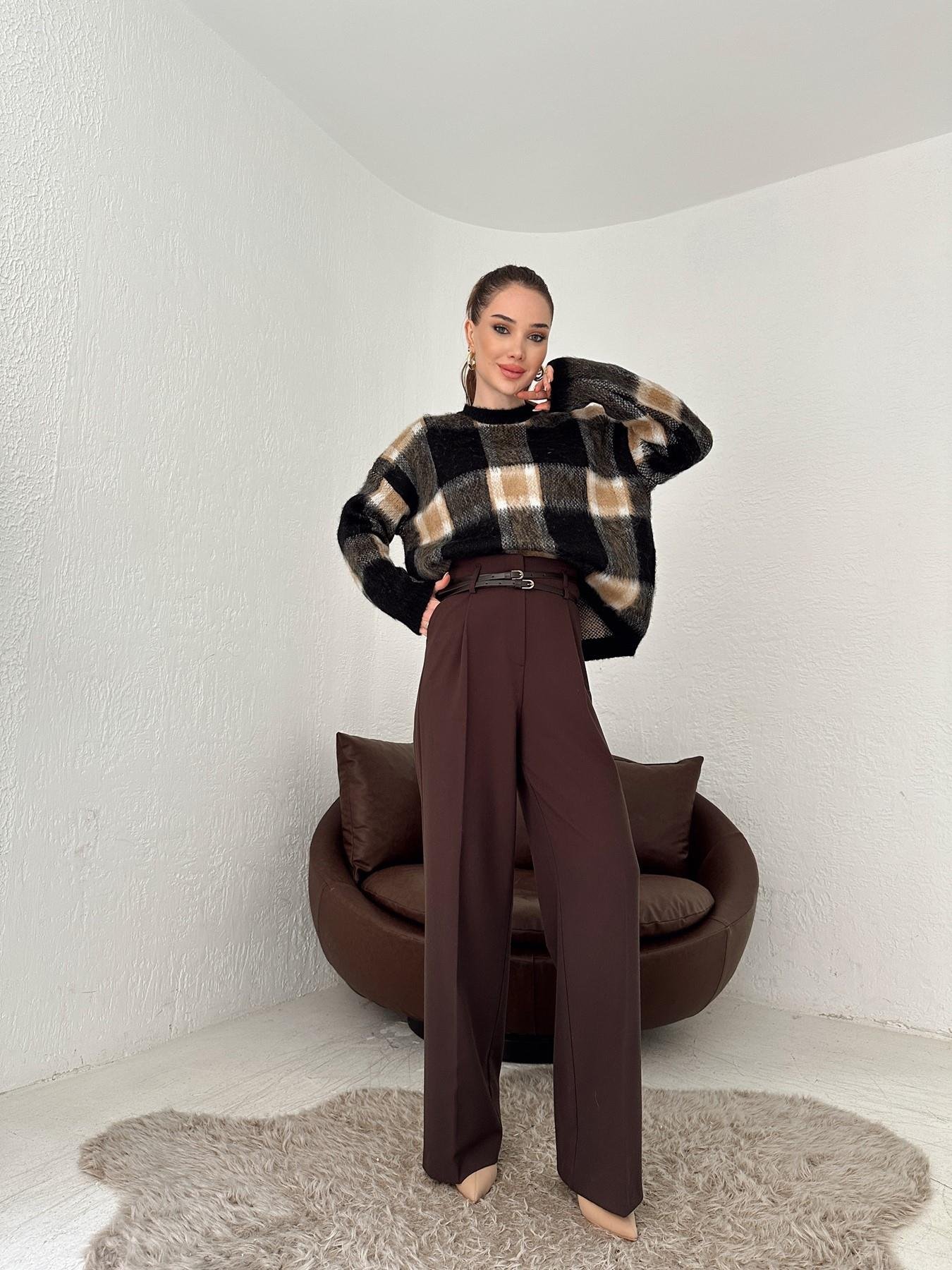 Çift Kemer Bol Paça Pantolon KAHVE