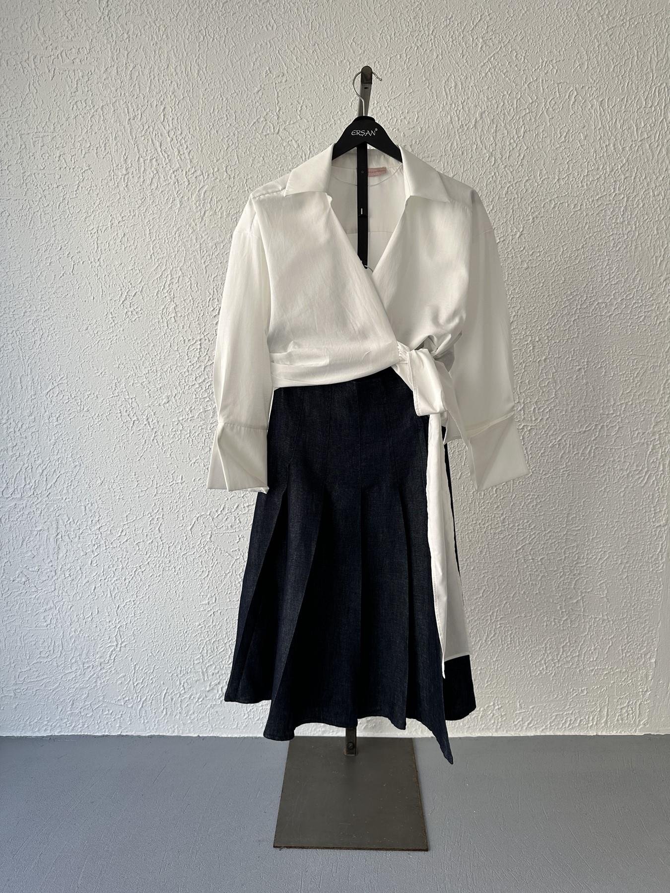 Çift Kemer Detay Denim Etek Lacivert