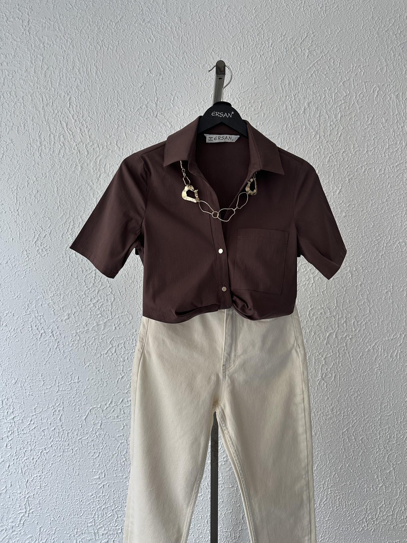 Çıtçıtlı Crop Gömlek Kahve