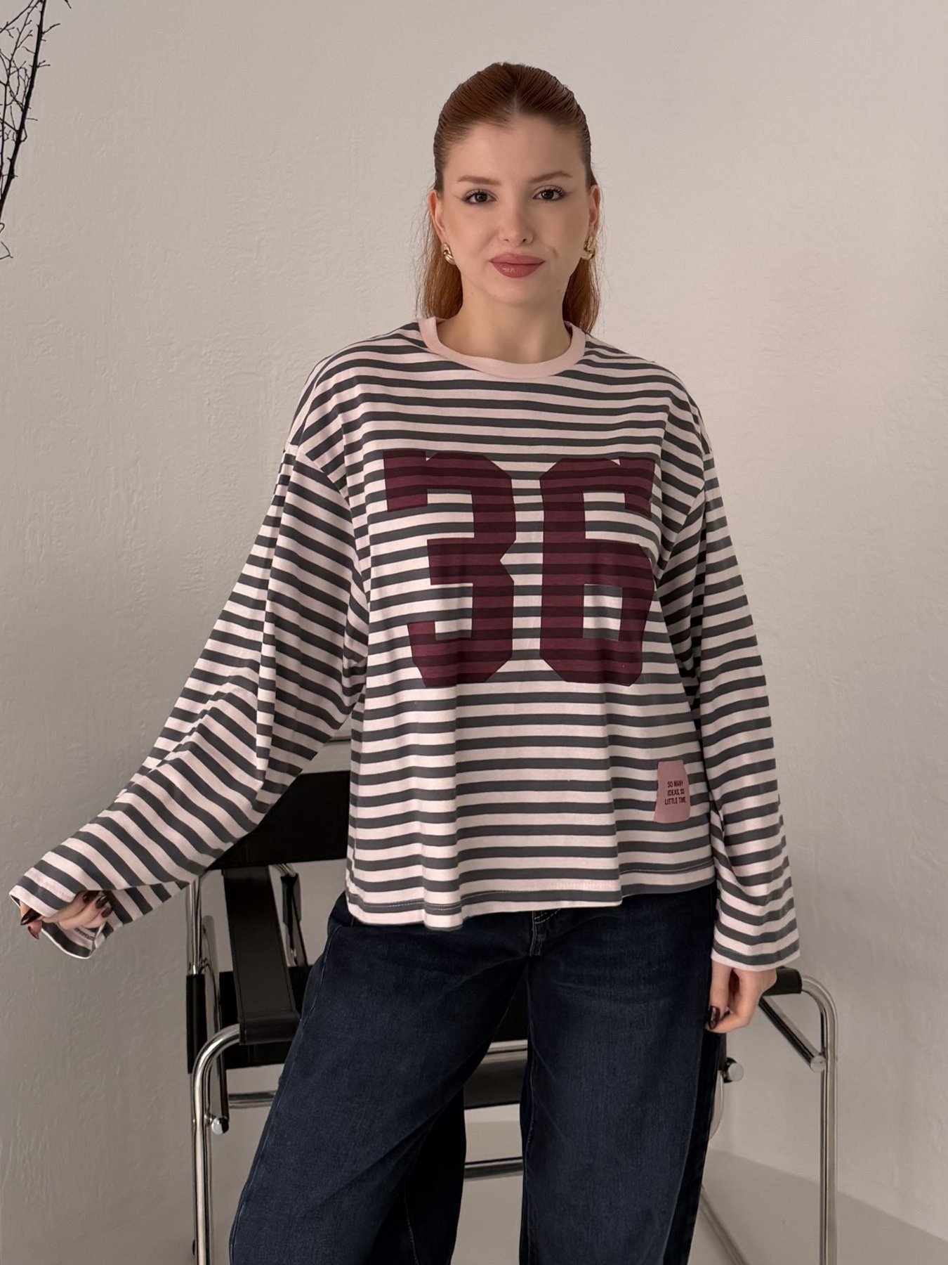 Çizgili 36 Baskılı Sweatshırt Antrasit-pembe