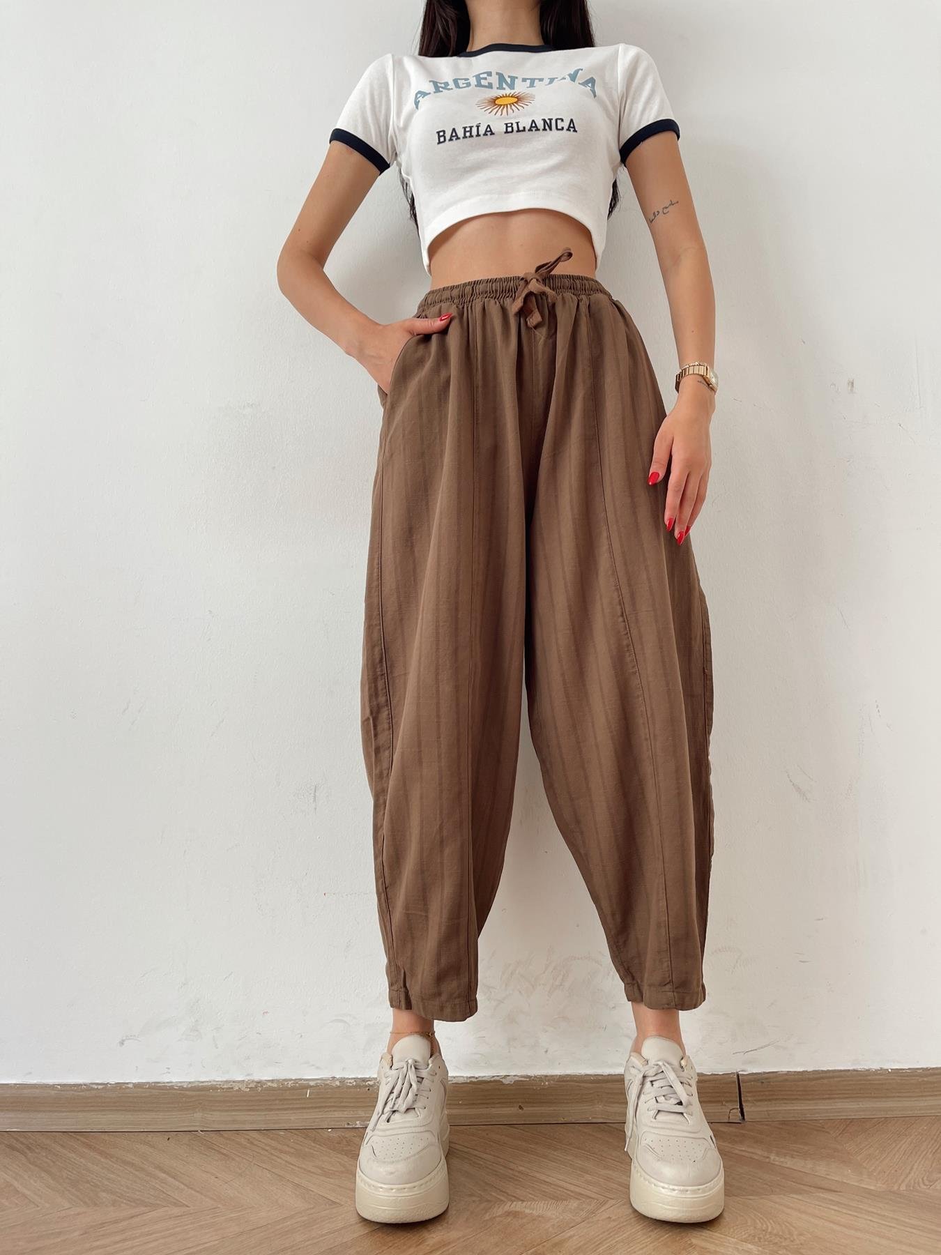 Çizgili Keten Pantolon KAHVE
