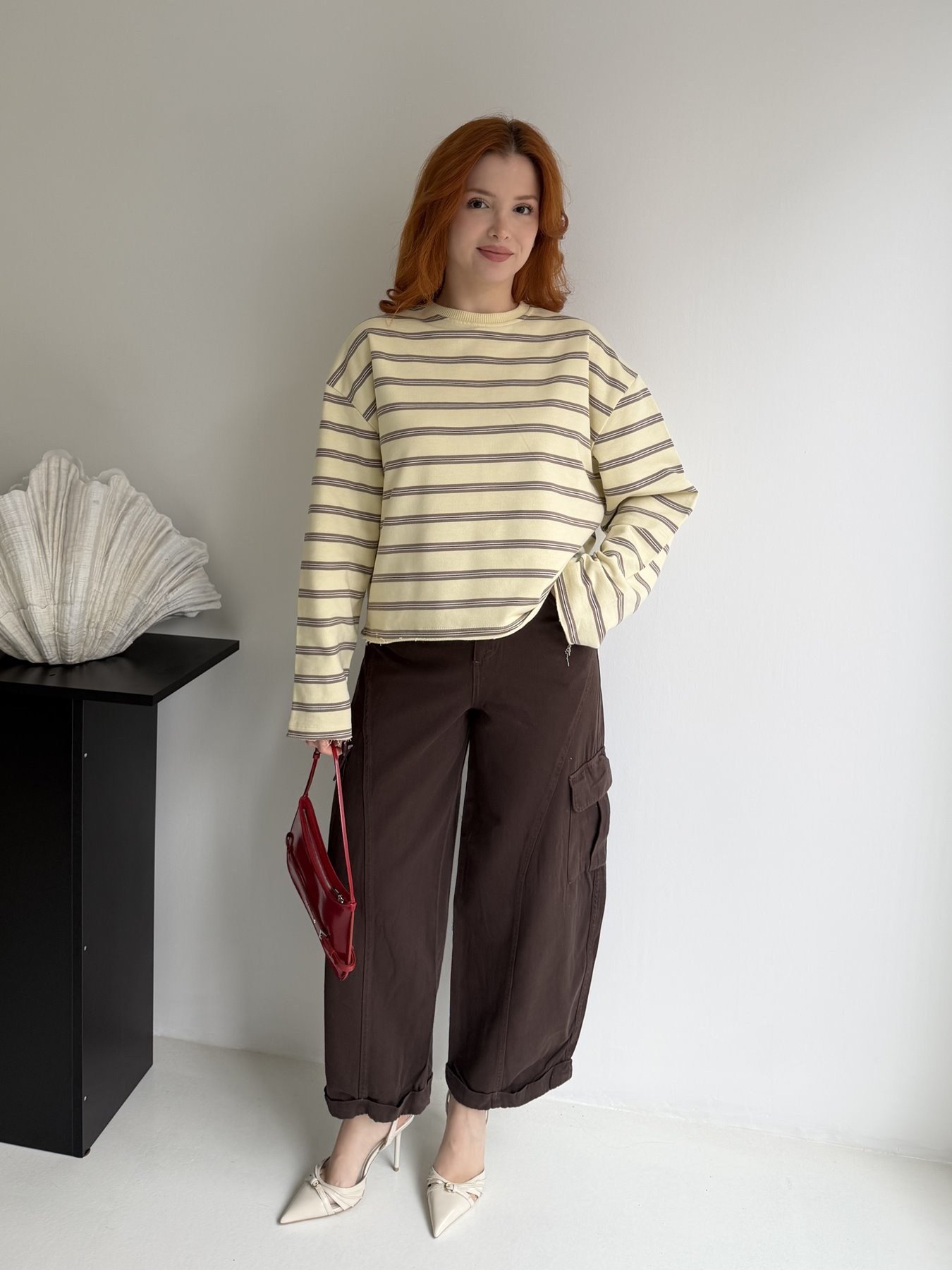Çizgili Oversize Sweatshırt Sarı