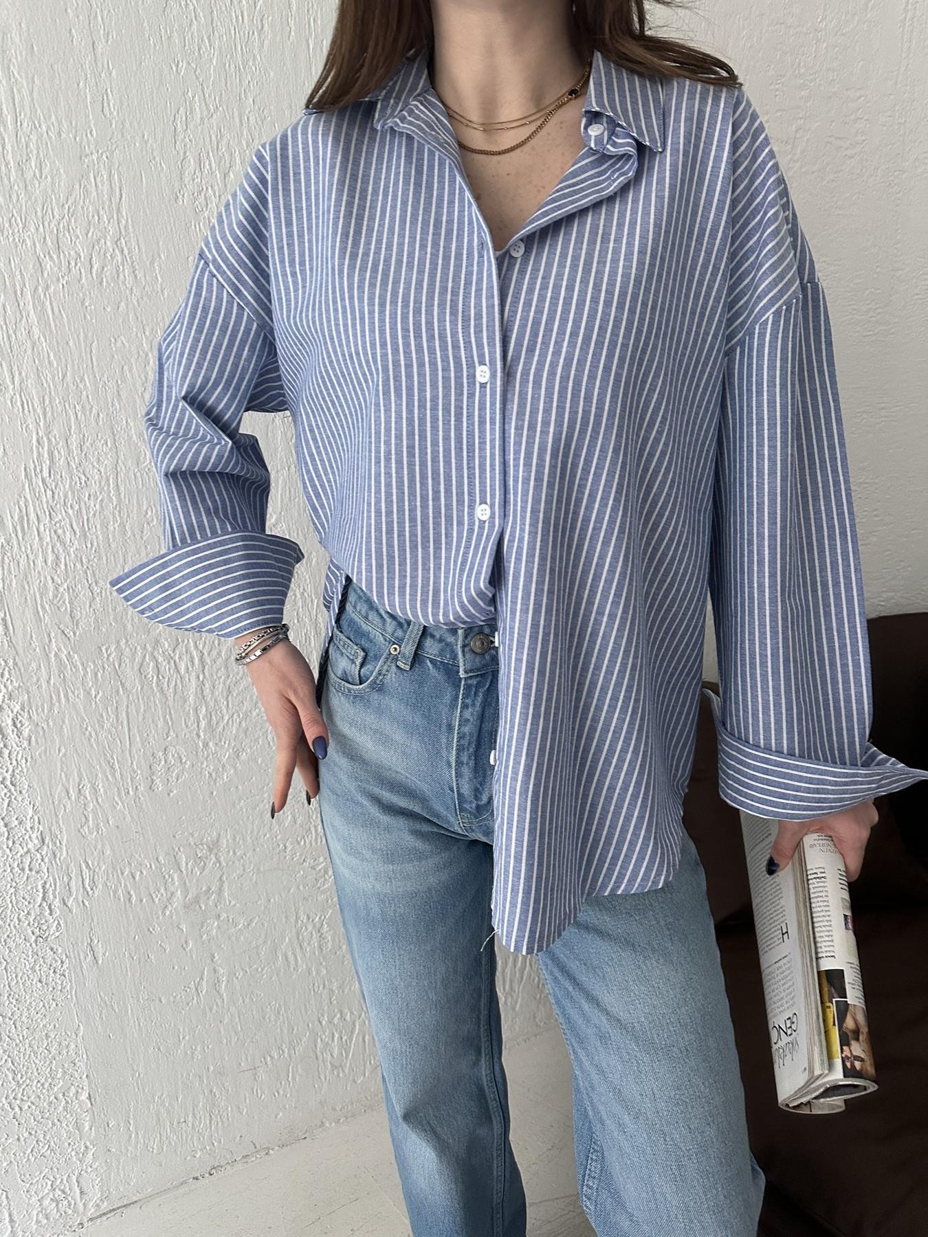 Çizgili Pamuklu Oversize Gömlek MAVİ-BEYAZ