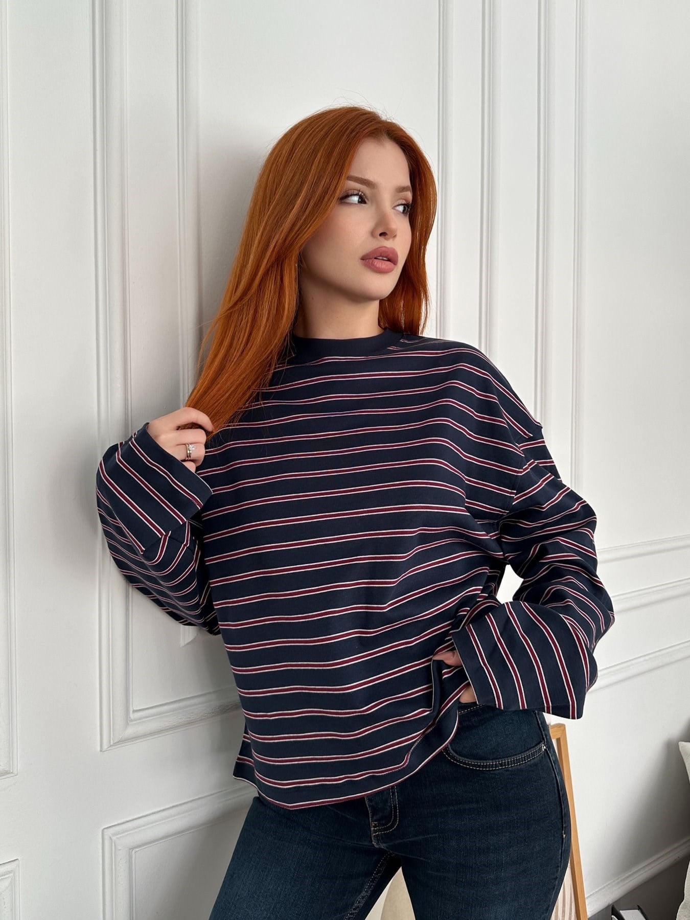 Çizgili Sweatshirt Lacivert-kırmızı