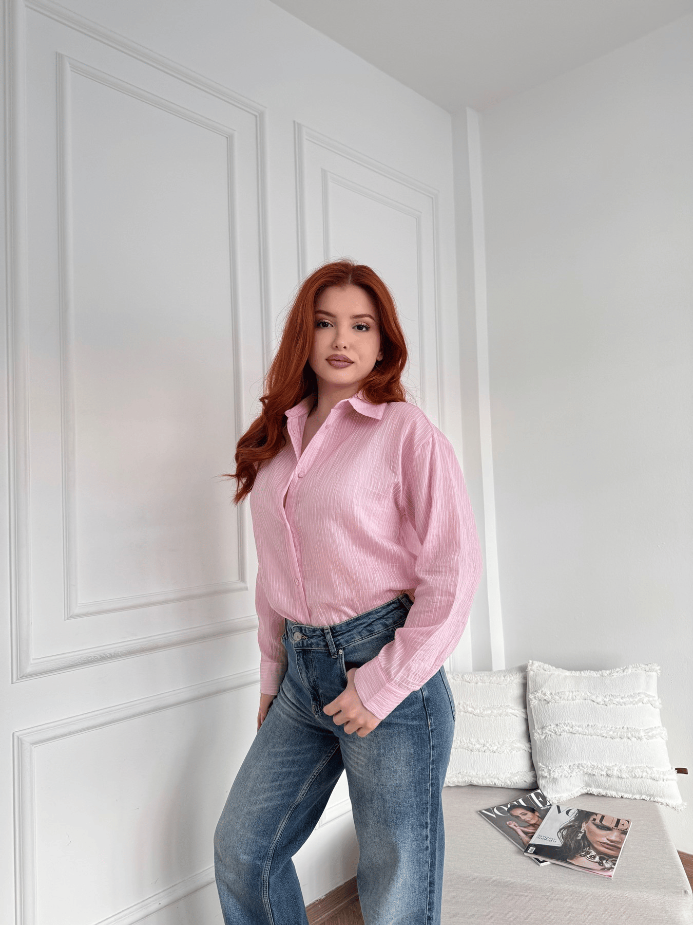 Çizgili Transparan Gömlek Pembe