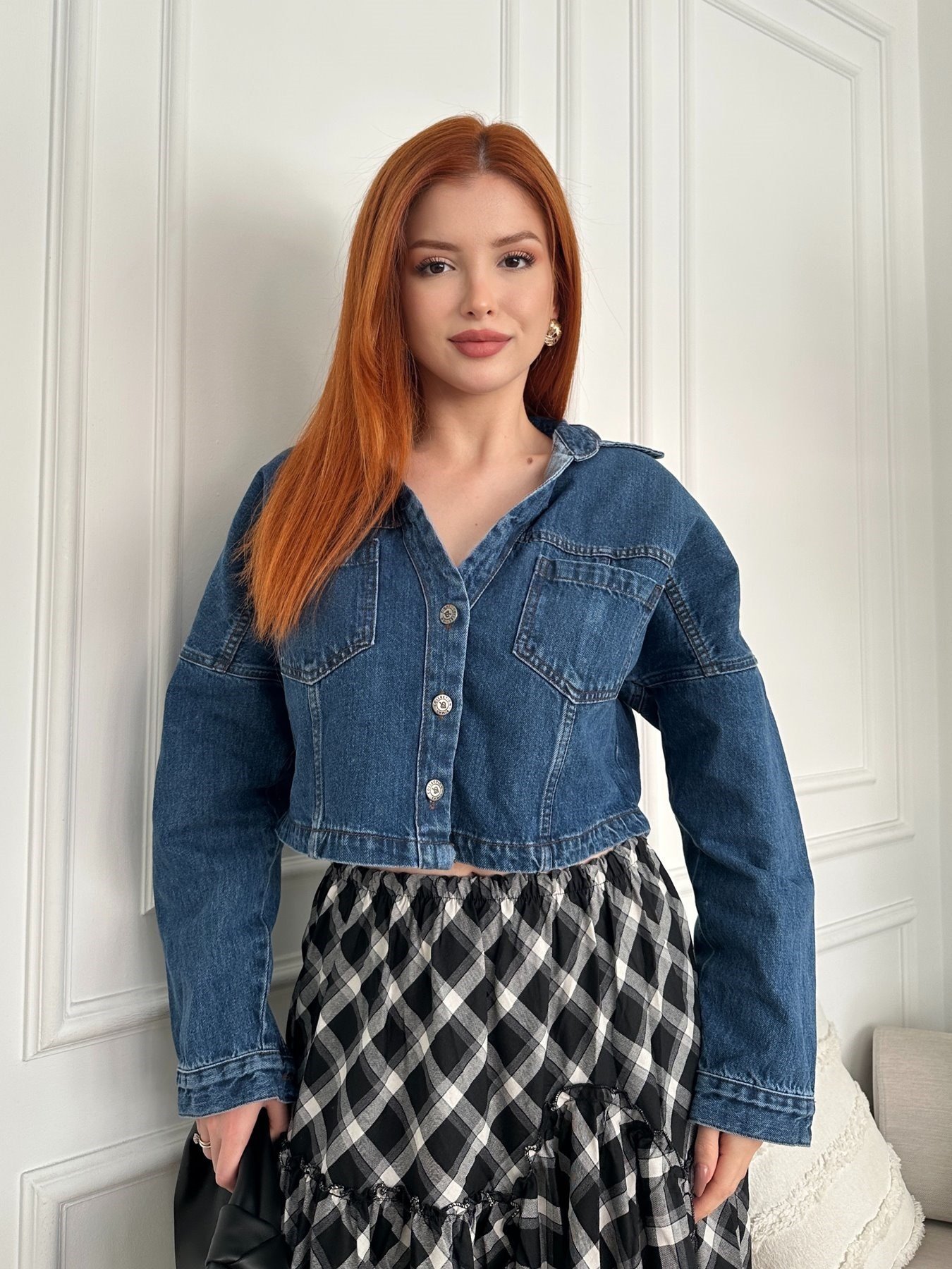 Crop Jean Ceket Koyu mavi