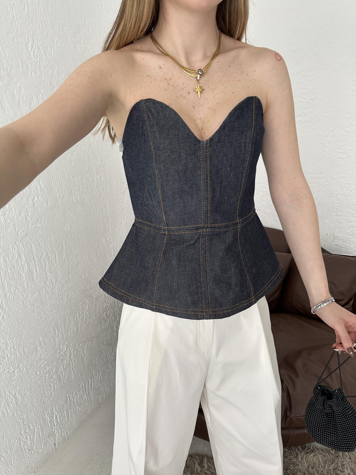 Denim Straplez Bluz Lacivert