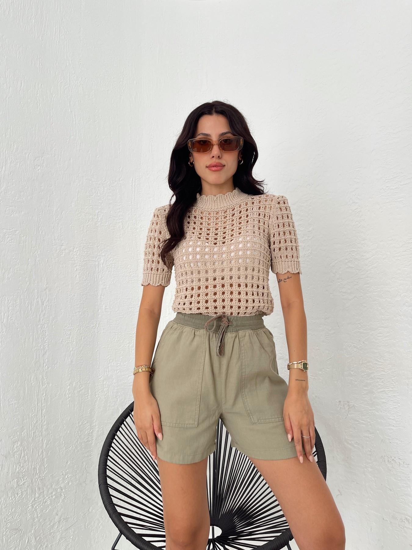 Dik Yaka Ajurlu Kısa Kol Triko TAŞ