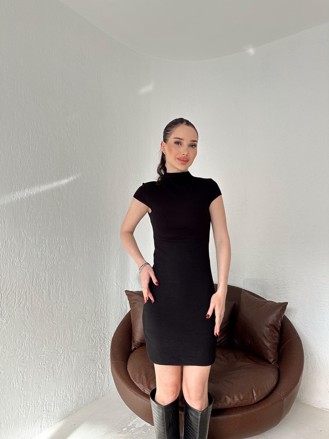 Dik Yaka Streç Mini Elbise SİYAH