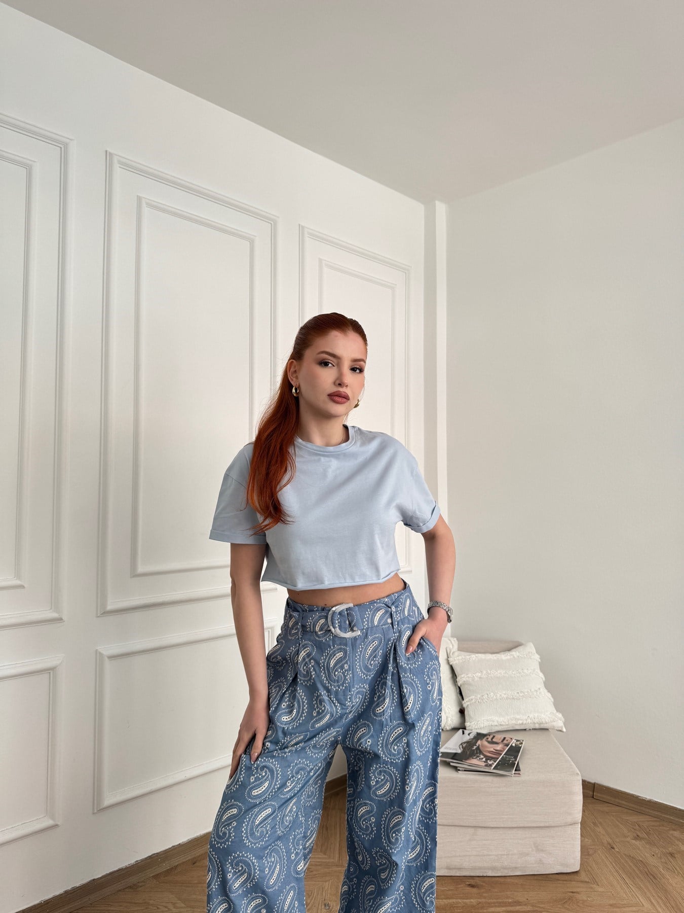 Duble Kol Crop Tişört Mavi
