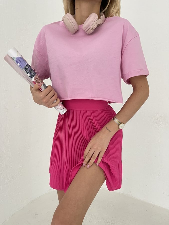 Duble Kol Crop Tişört Pembe