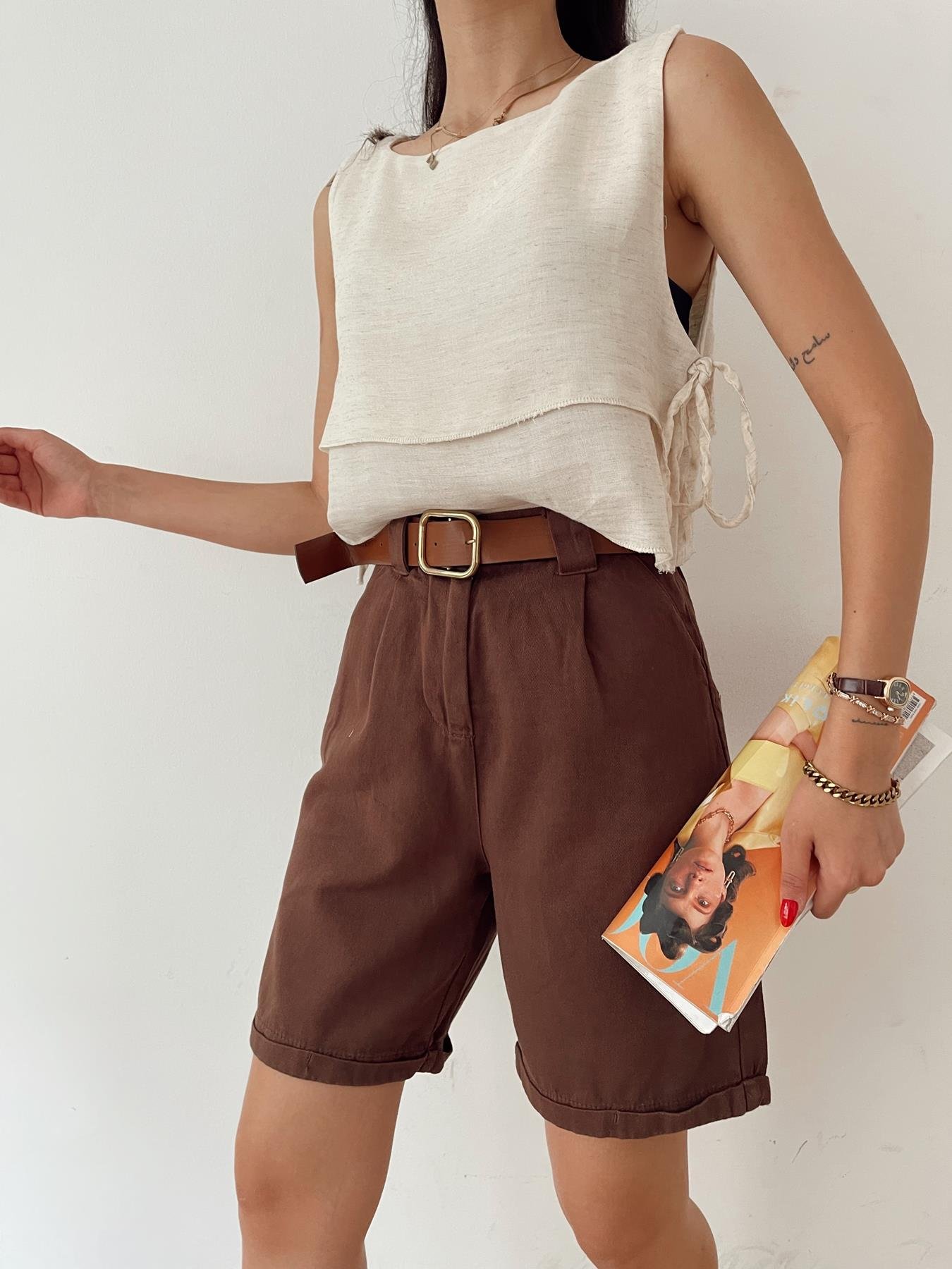 Duble Paça Kemerli Bermuda KAHVE