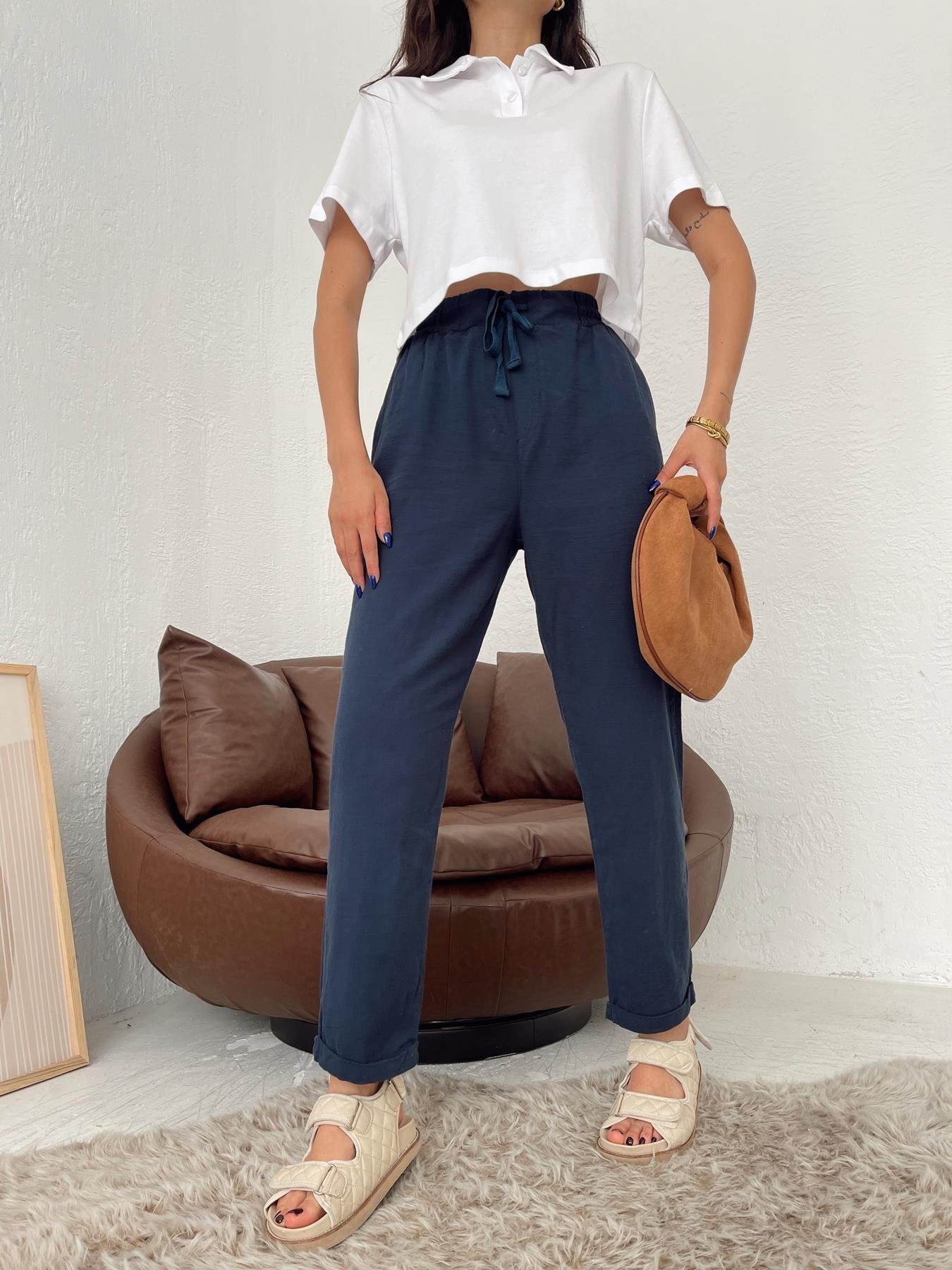 Duble Paça Keten Pantolon LACİVERT