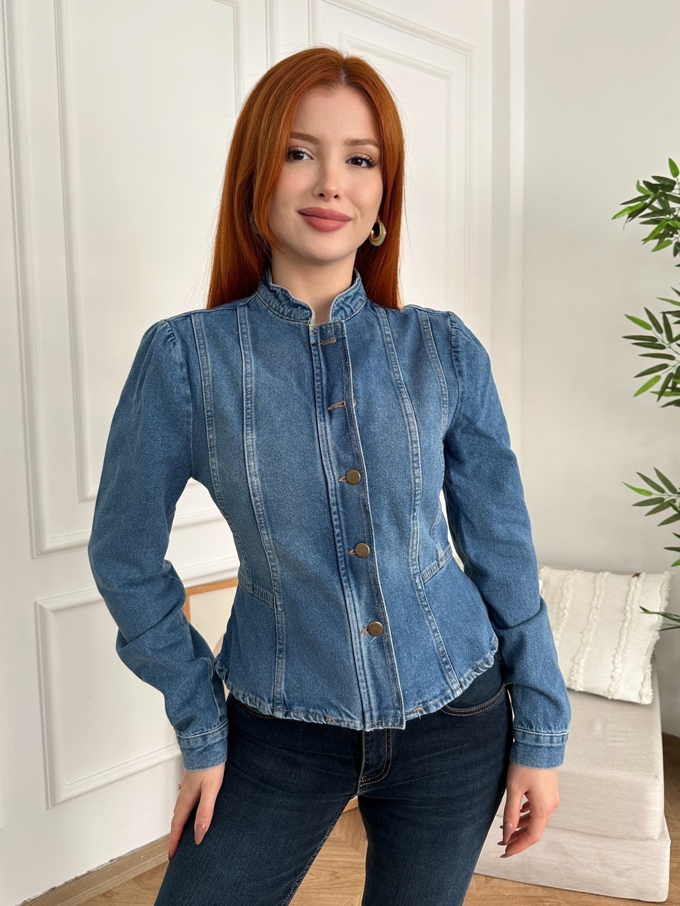 Düğmeli Peplum Jean Ceket Mavi