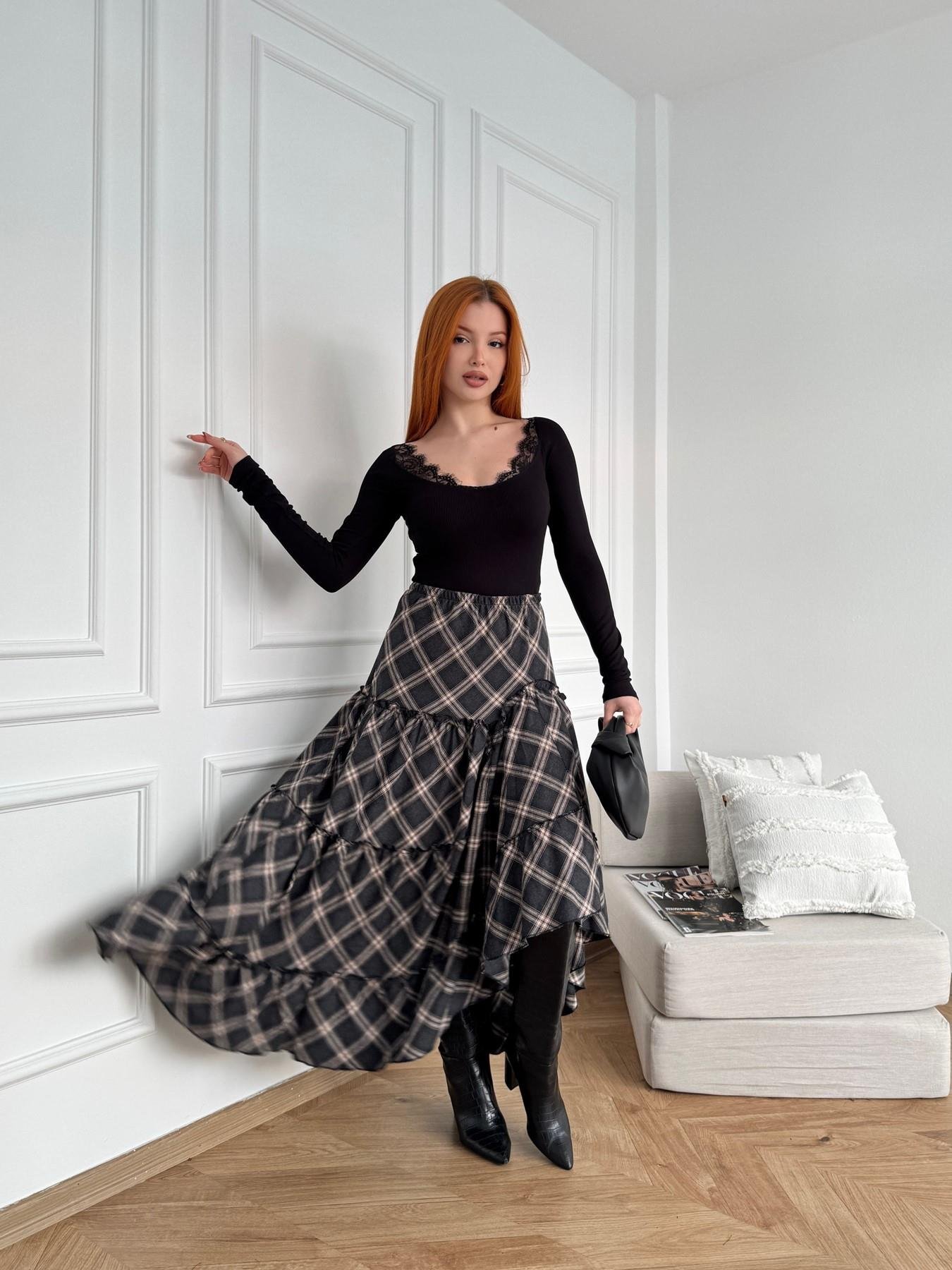 Ekose Desenli Asimetrik Etek Antrasit