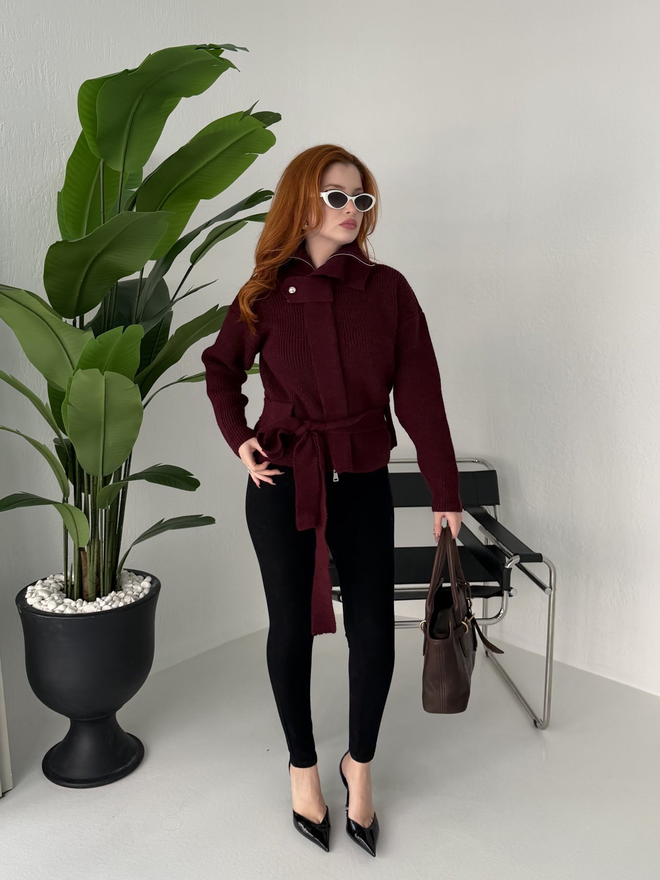 Fermuarlı Beli Kuşaklı Hırka Bordo