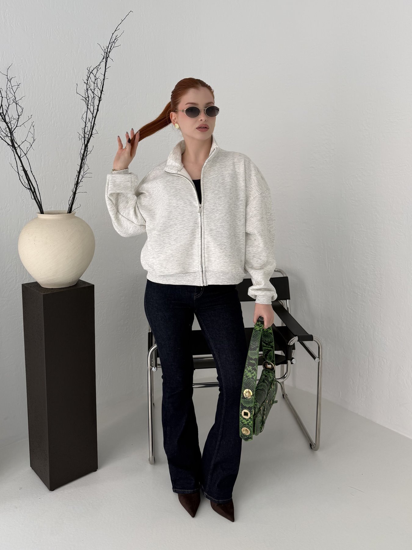 Fermuarlı Simli Sweatshirt Gri-gümüş