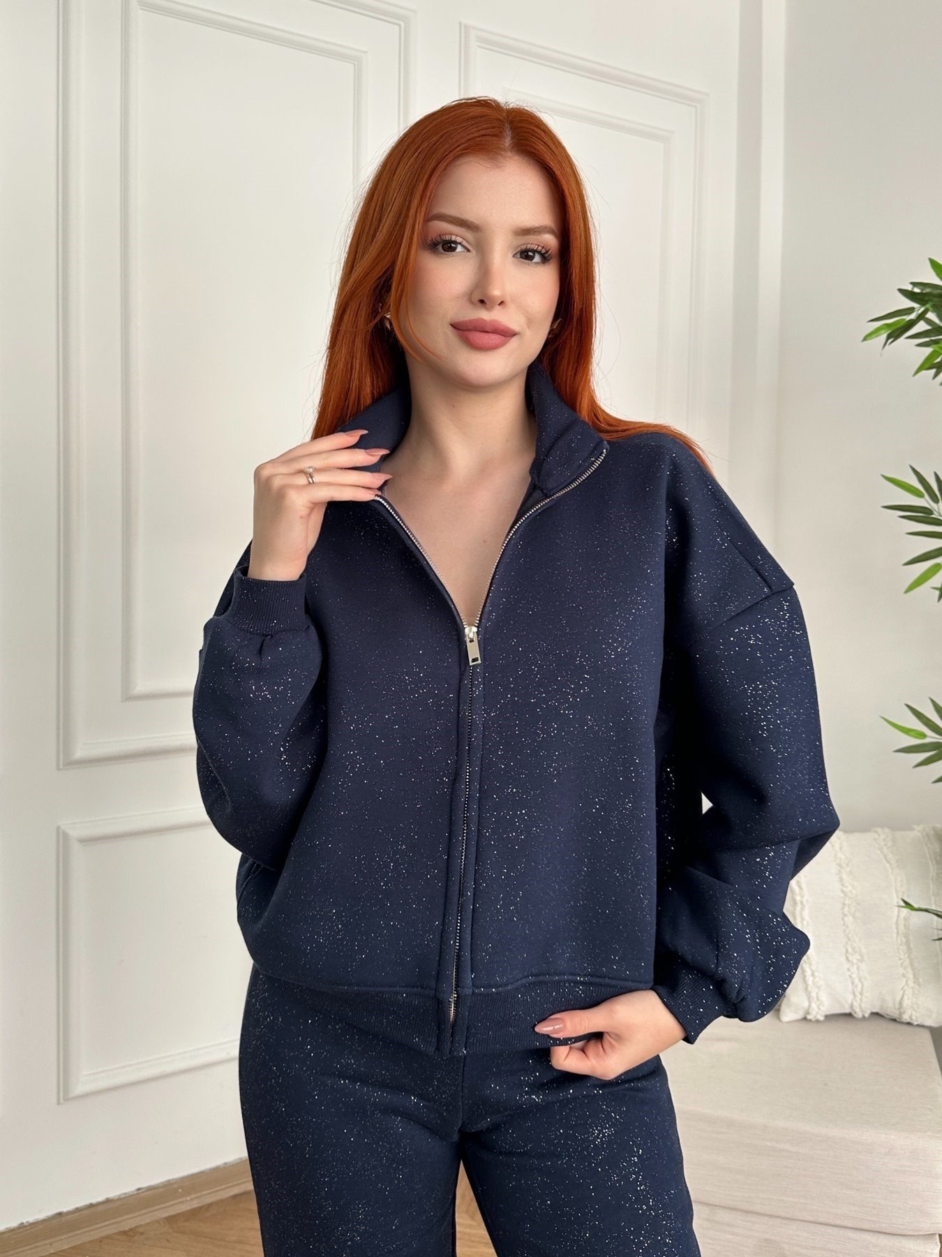 Fermuarlı Simli Sweatshirt Lacivert-gümüş