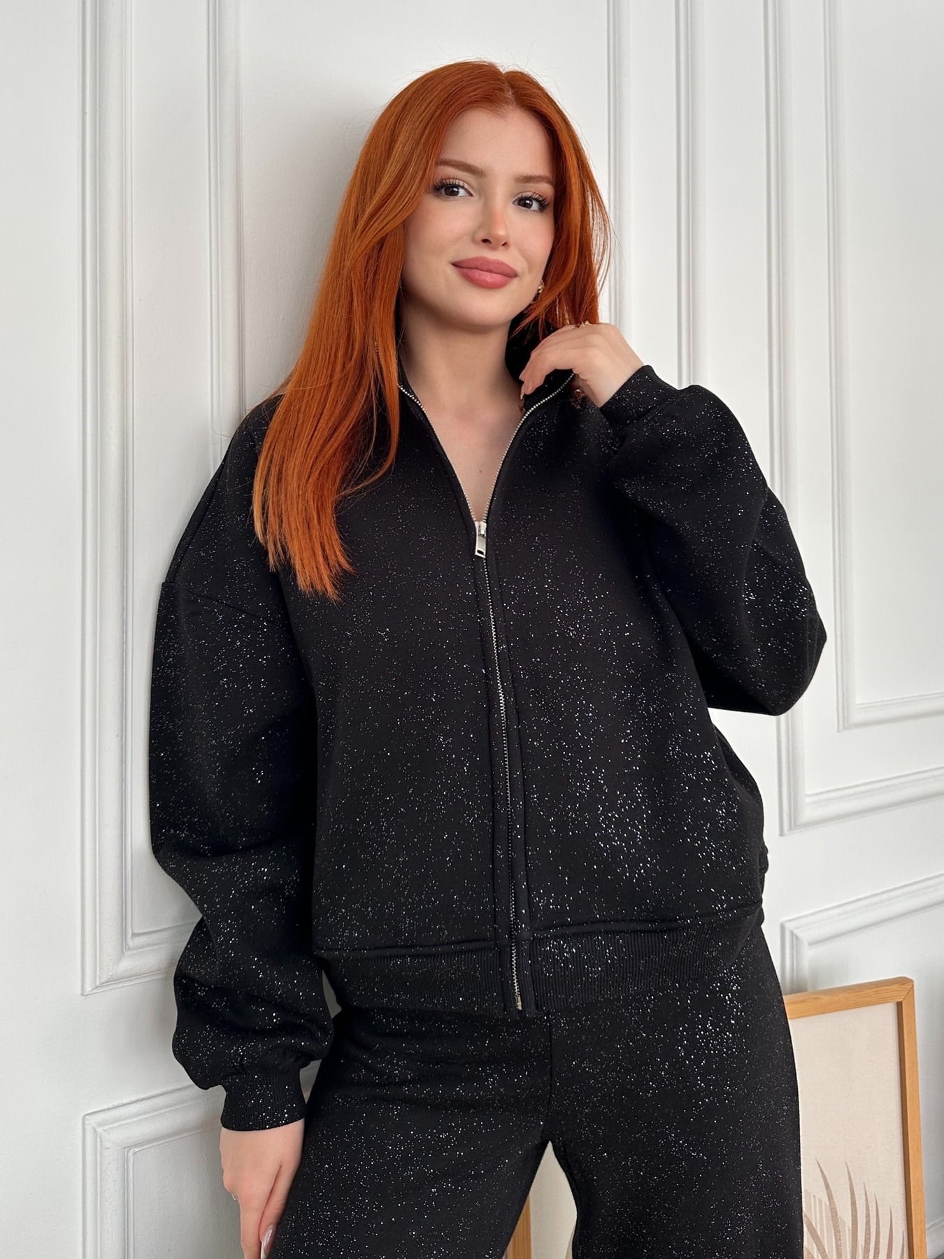 Fermuarlı Simli Sweatshirt Siyah-gümüş