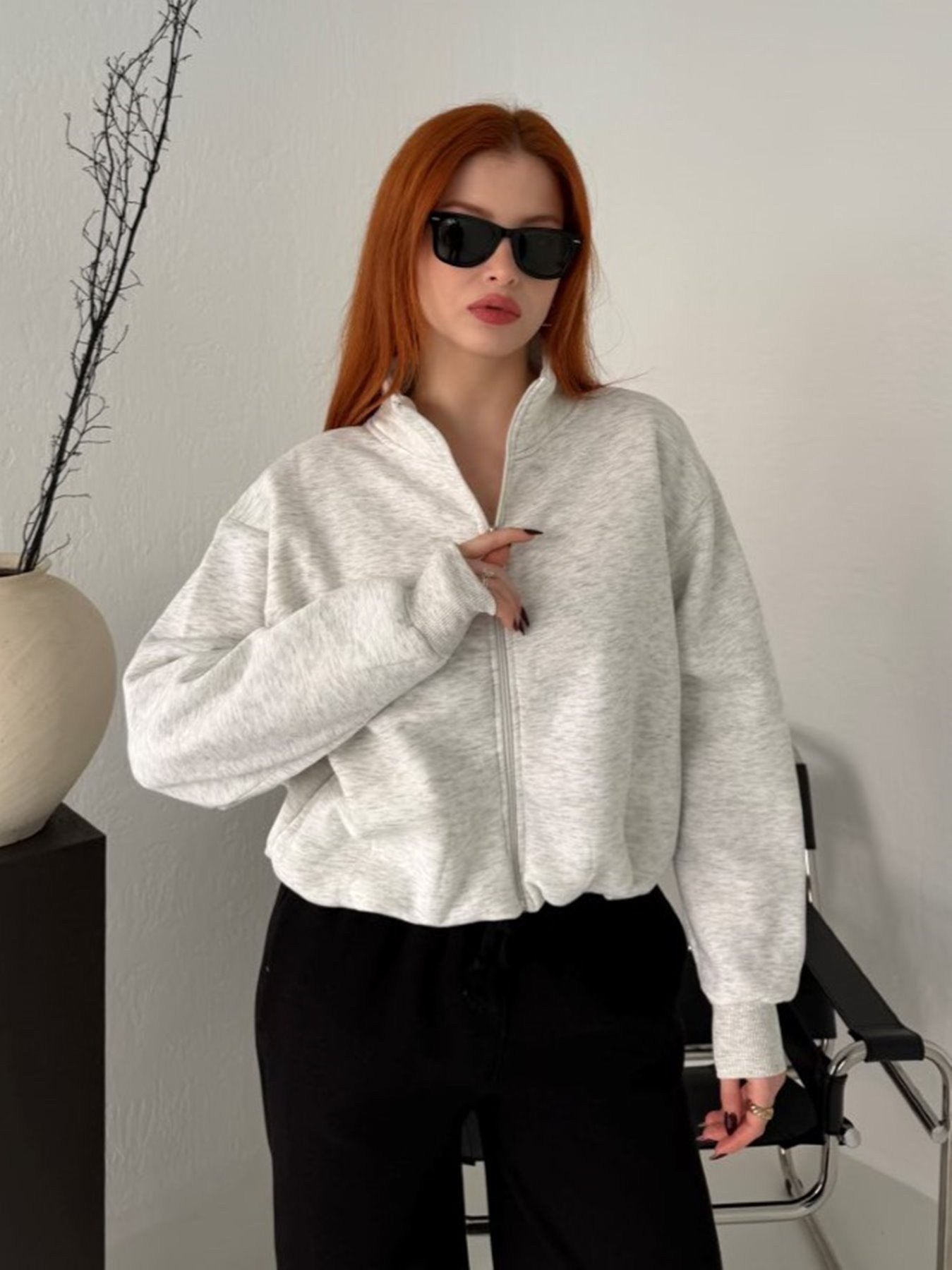 Fermuarlı Sırtı Baskılı Yarasa Kol Sweatshırt Gri melanj