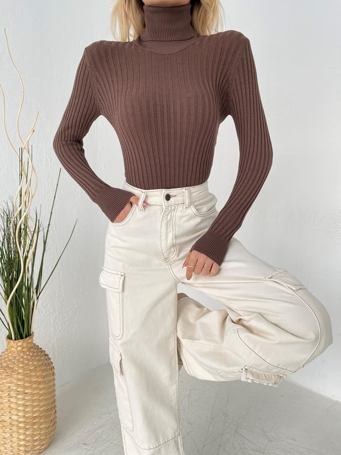 Fitilli Balıkçı Yaka Likralı Kazak KAHVE