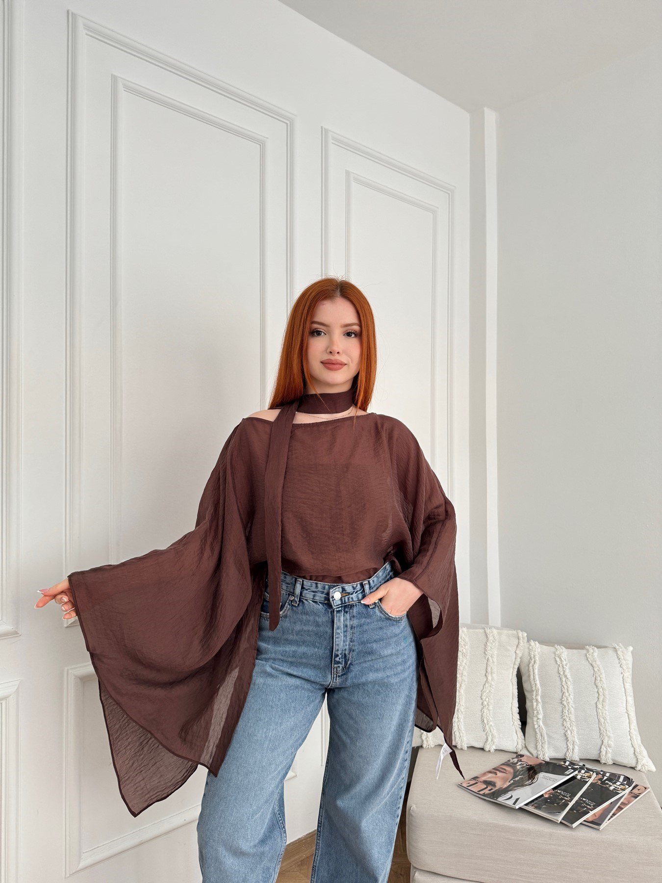 Fularlı Panço Bluz Kahve
