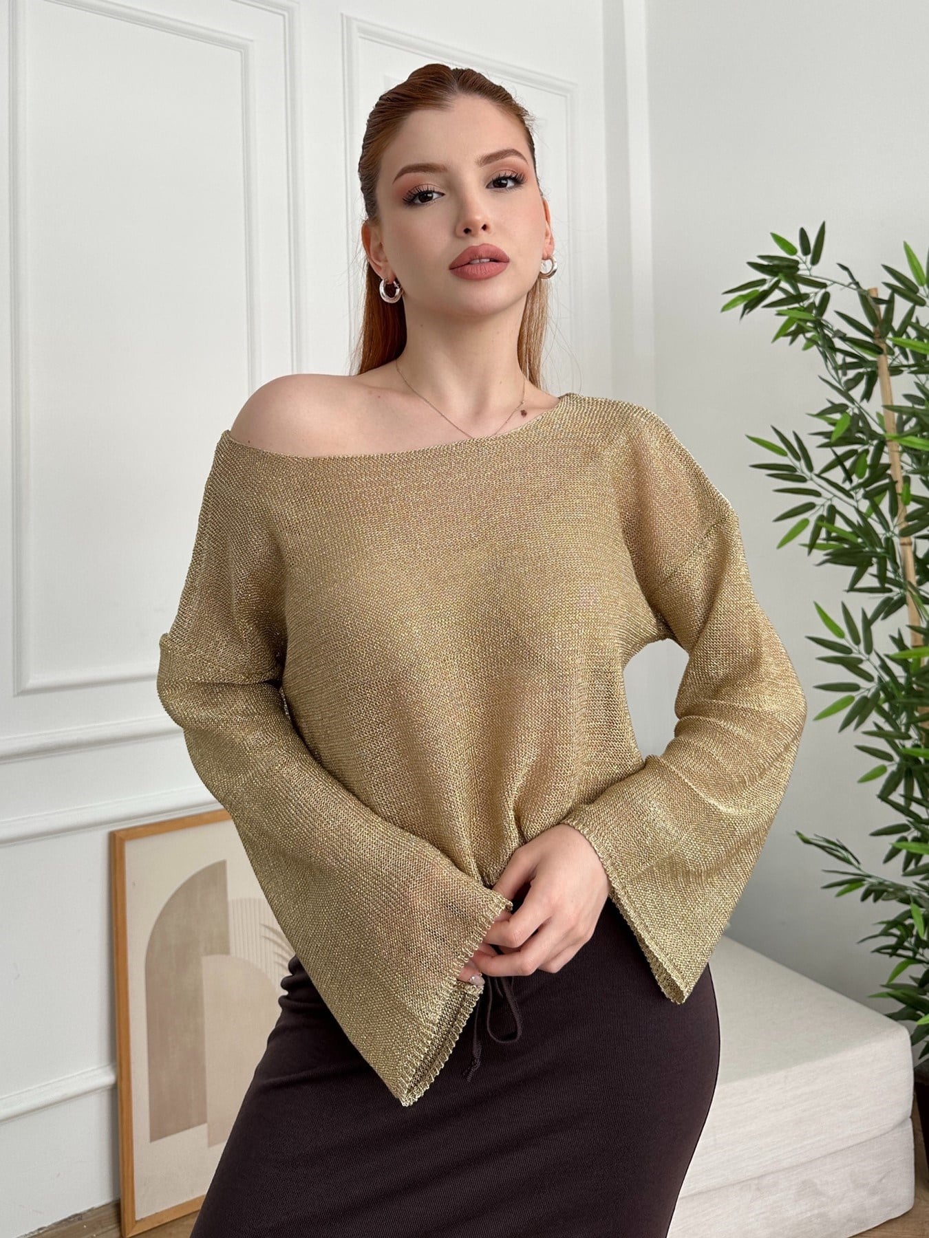 Geniş Kol Parlak Crop Bluz Gold