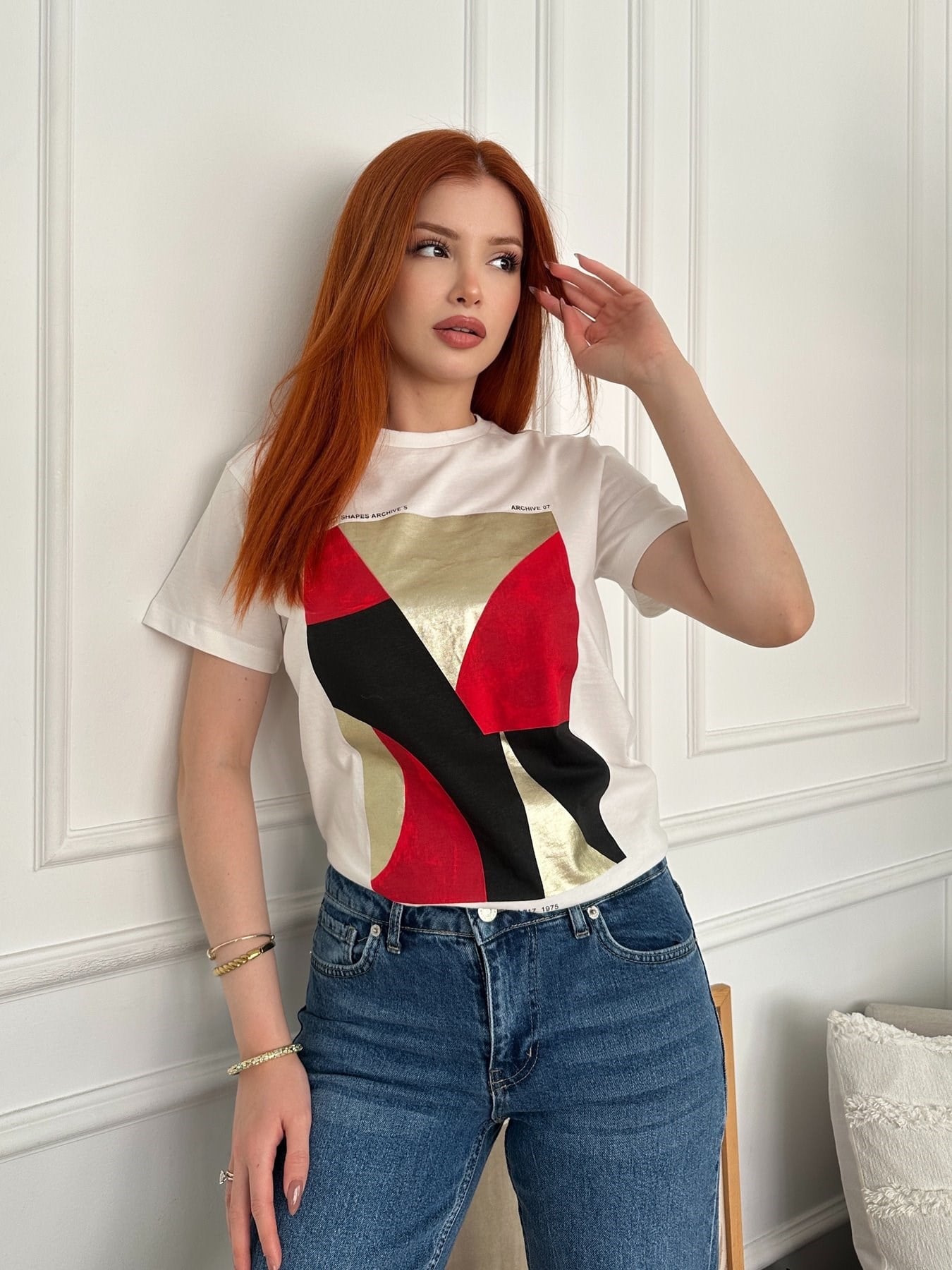 Geometrik Baskılı T-shirt Ekru