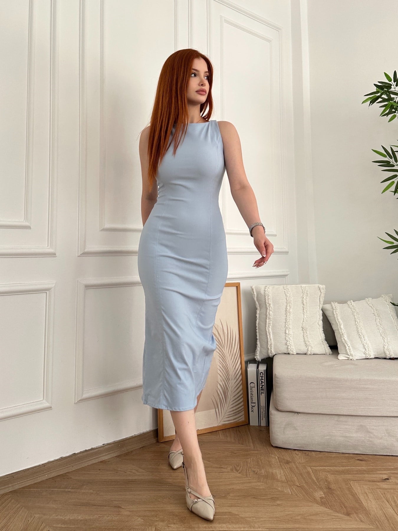 Halter Yaka Uzun Elbise Açık mavi