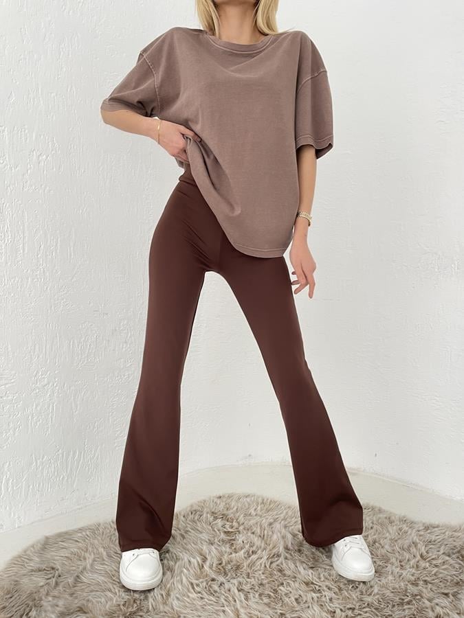 İspanyol Paça Lastikli Likra Pantolon KAHVE