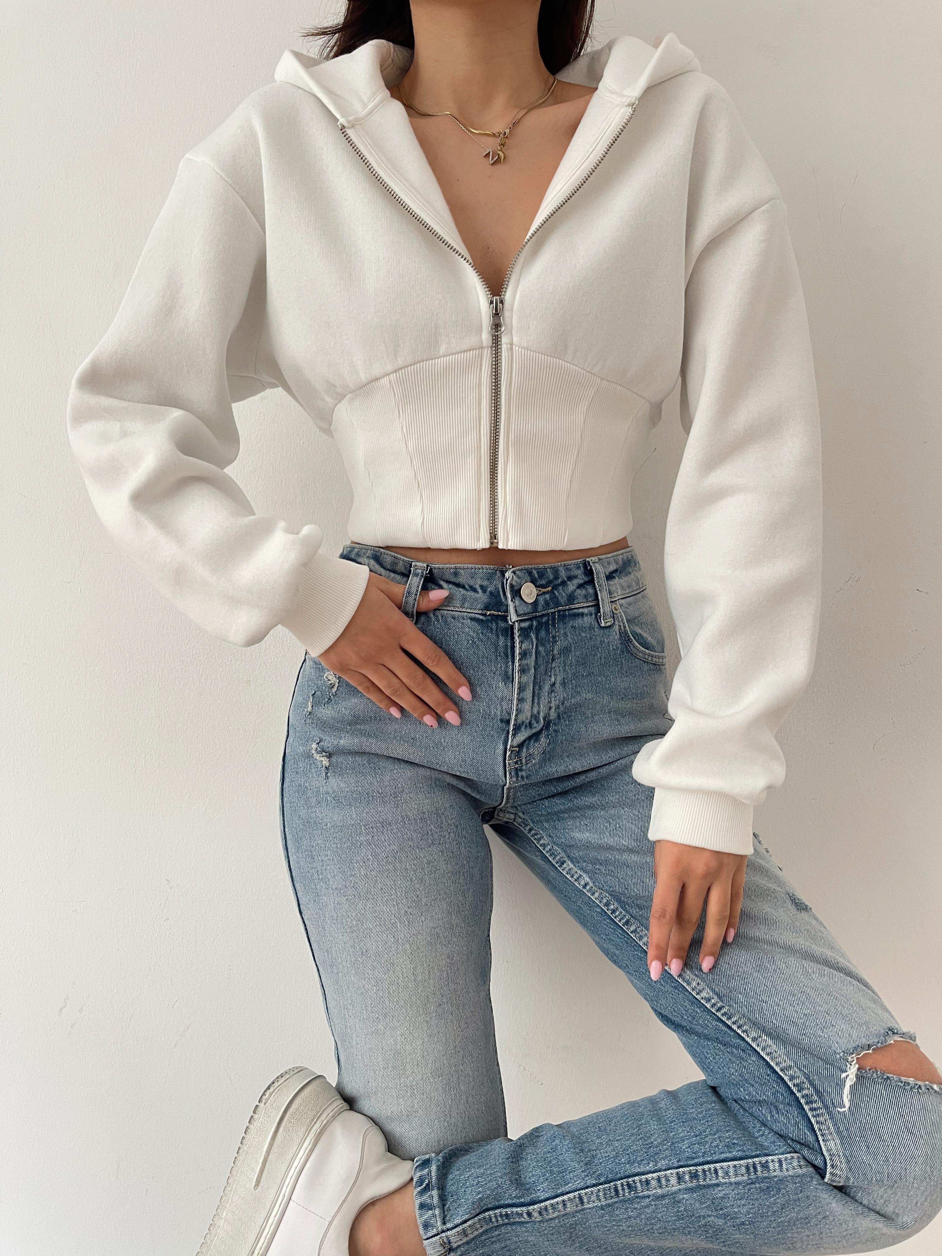 Kapüşonlu Crop Sweatshirt BEYAZ