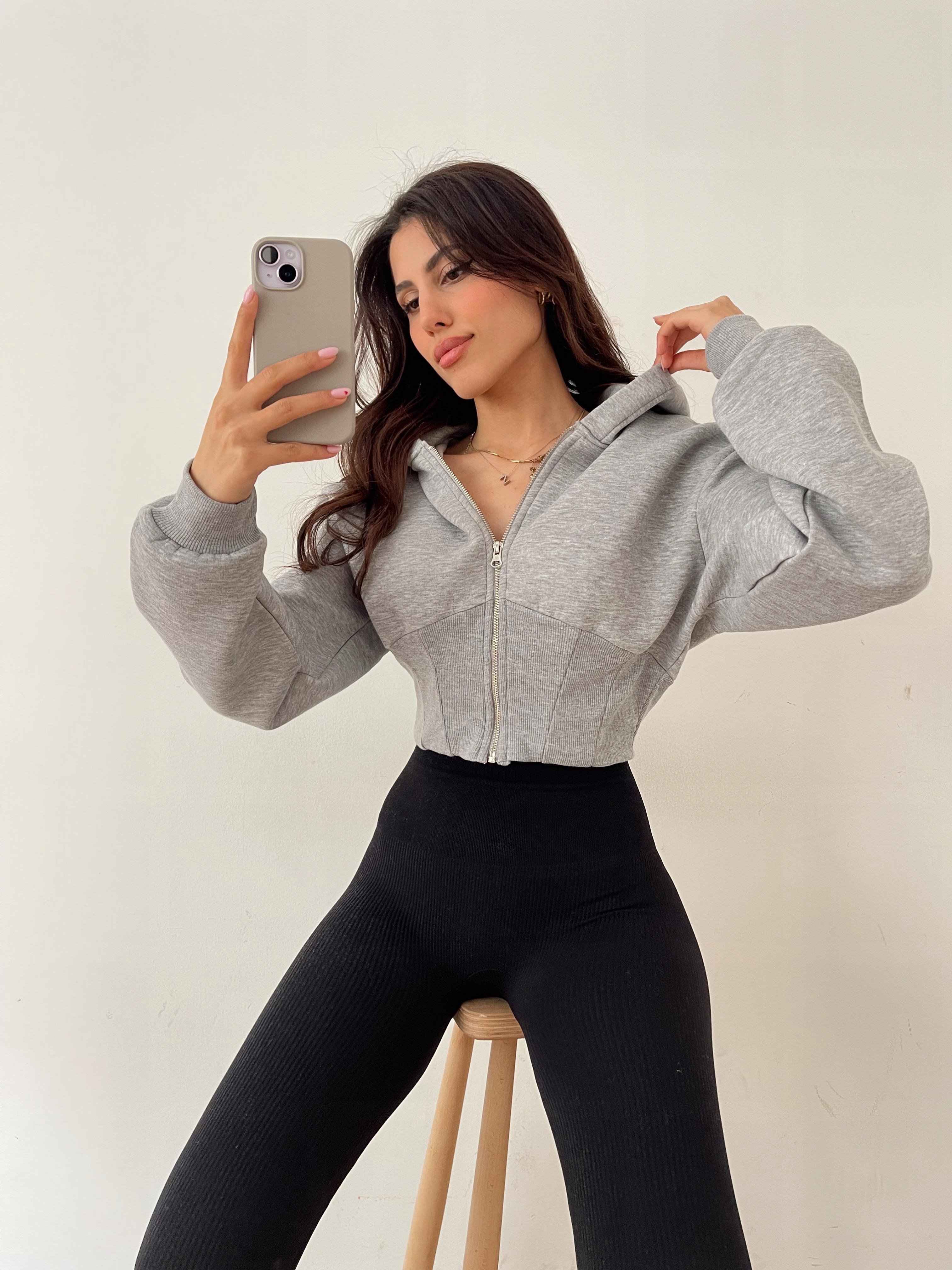 Kapüşonlu Crop Sweatshirt GRİ