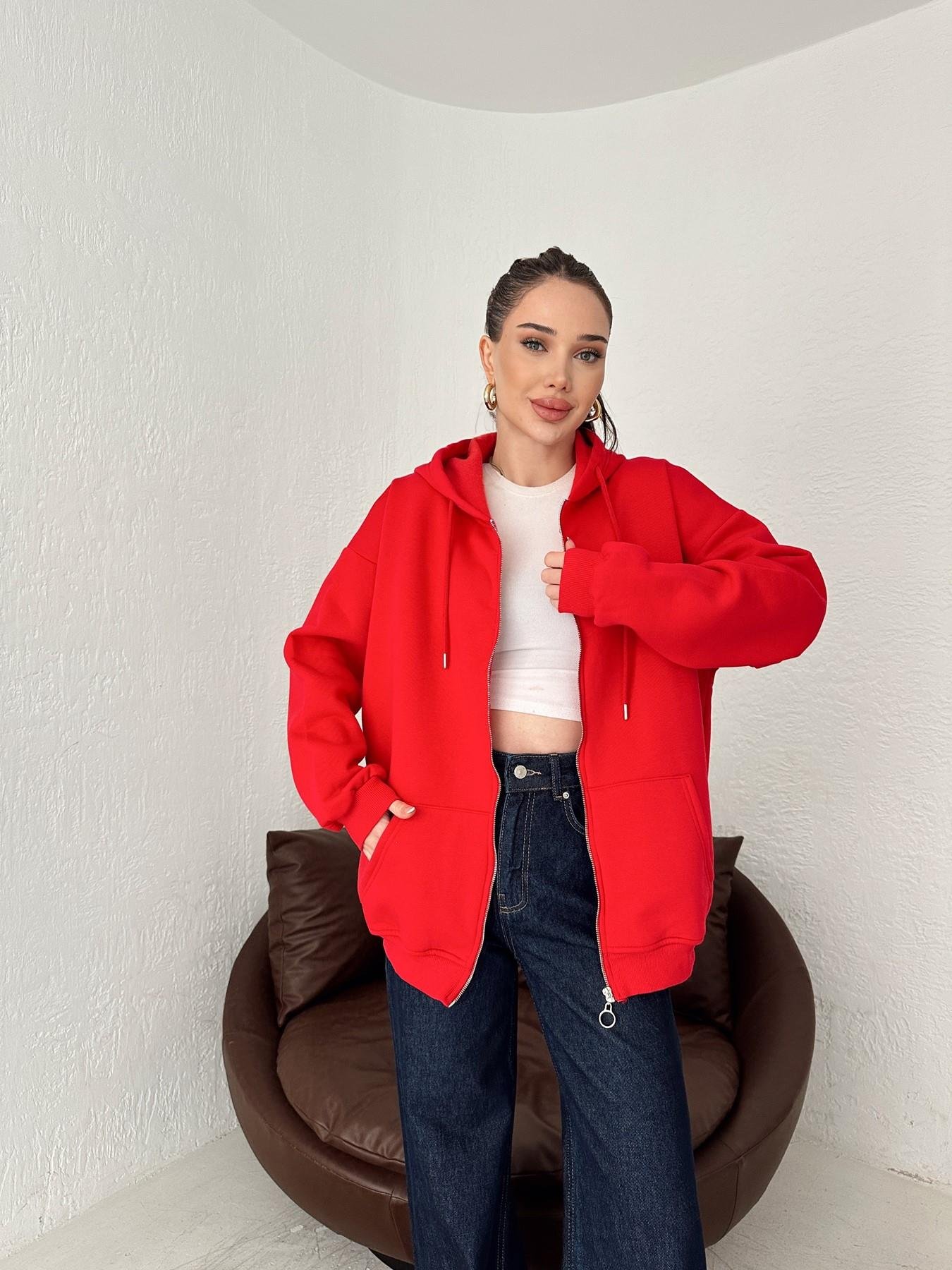 Kapüşonlu Fermuarlı 3 İplik Sweatshirt KIRMIZI