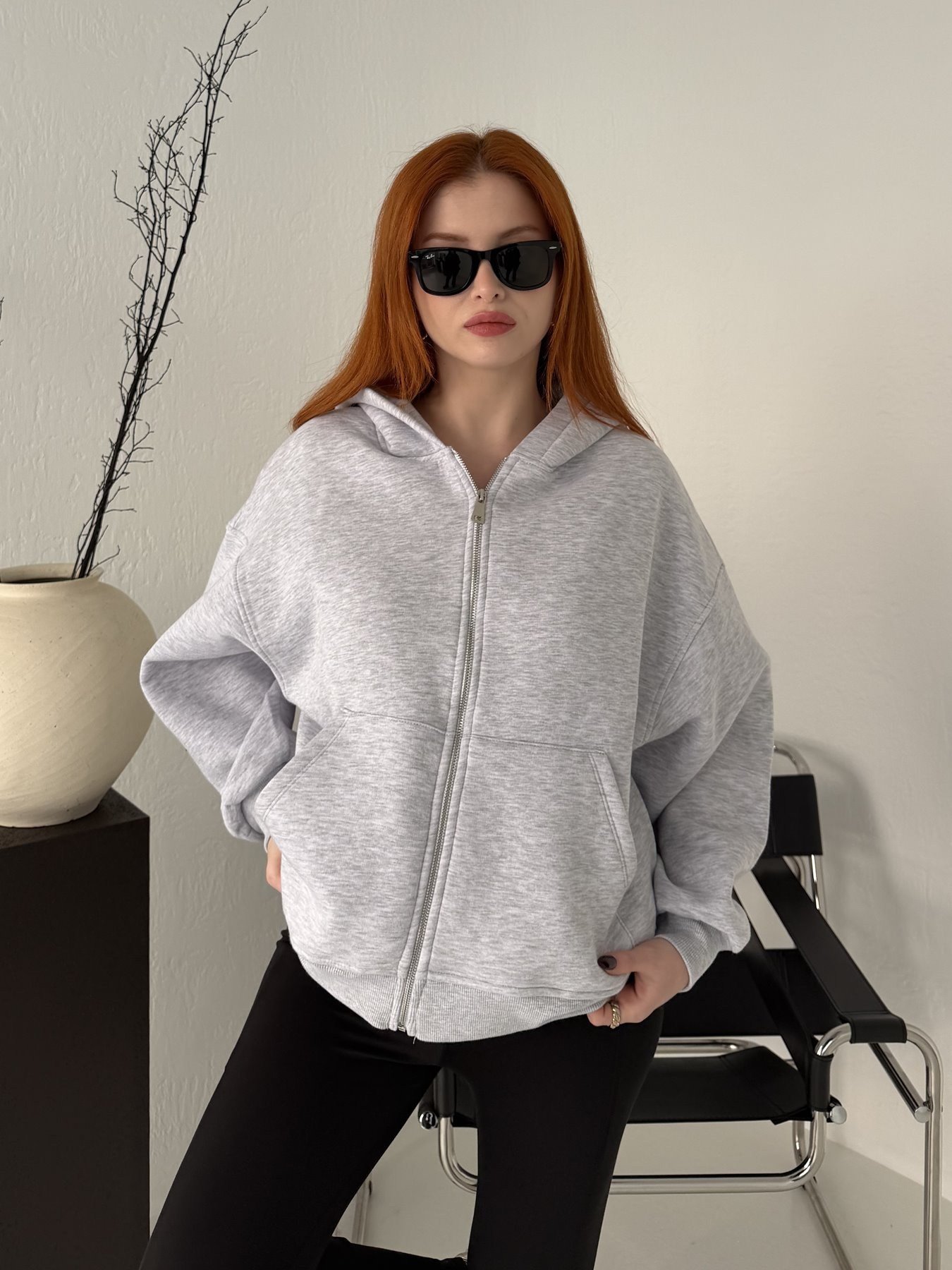 Kapüşonlu Fermuarlı Sweatshirt Gri melanj