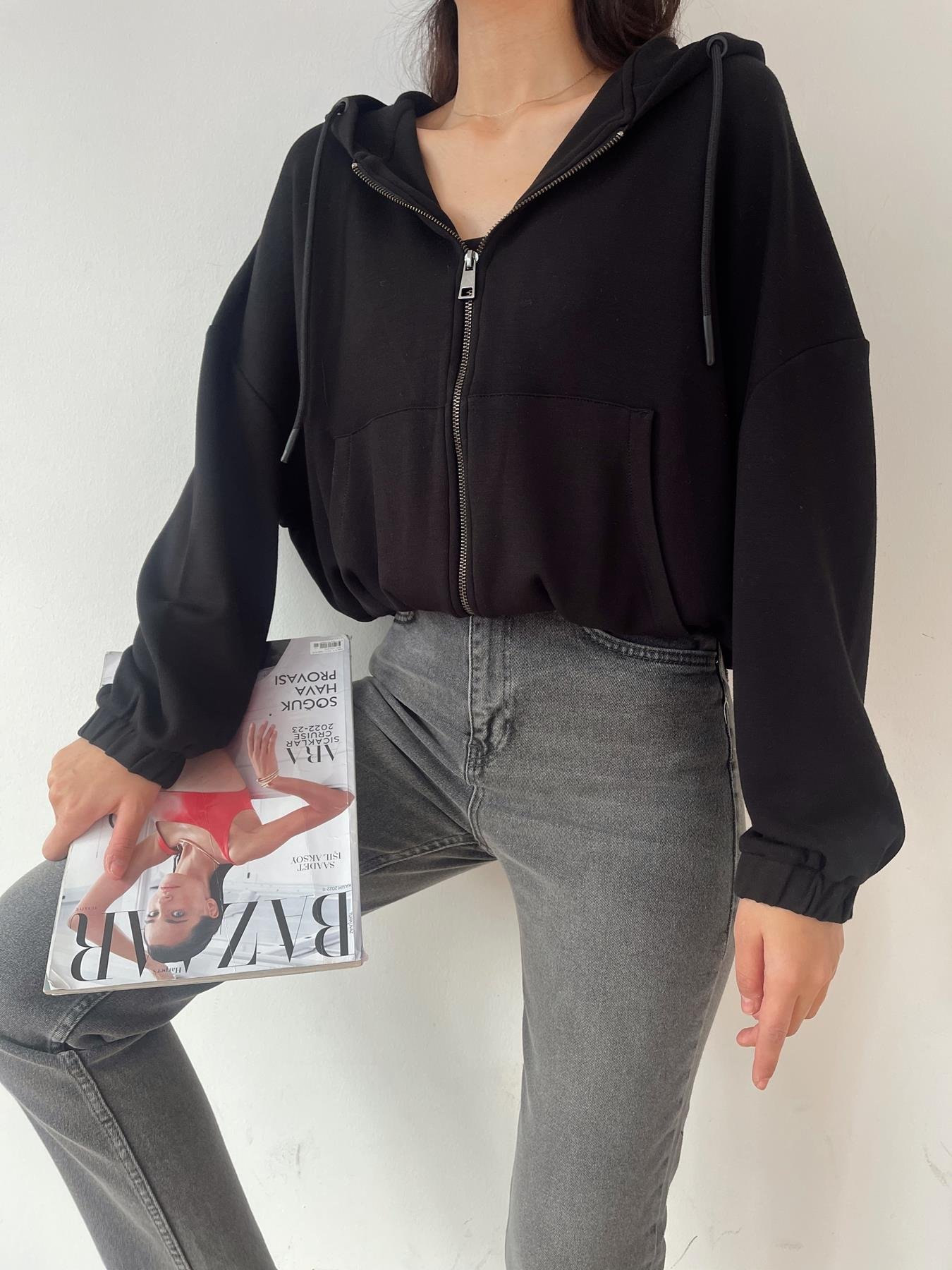 Kapüşonlu Fermuarlı Sweatshirt SİYAH