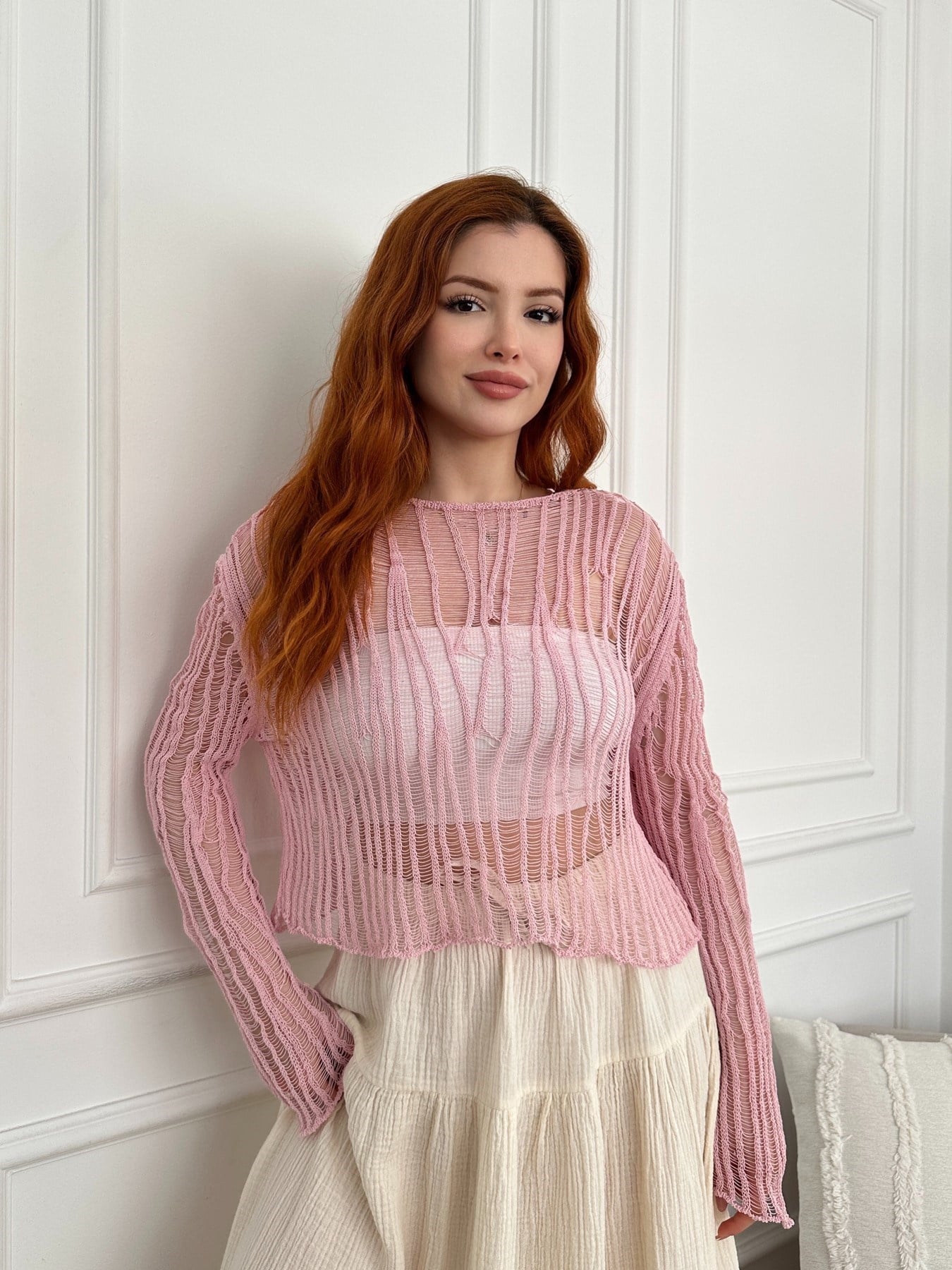 Kayık Yaka Ajurlu Triko Pembe