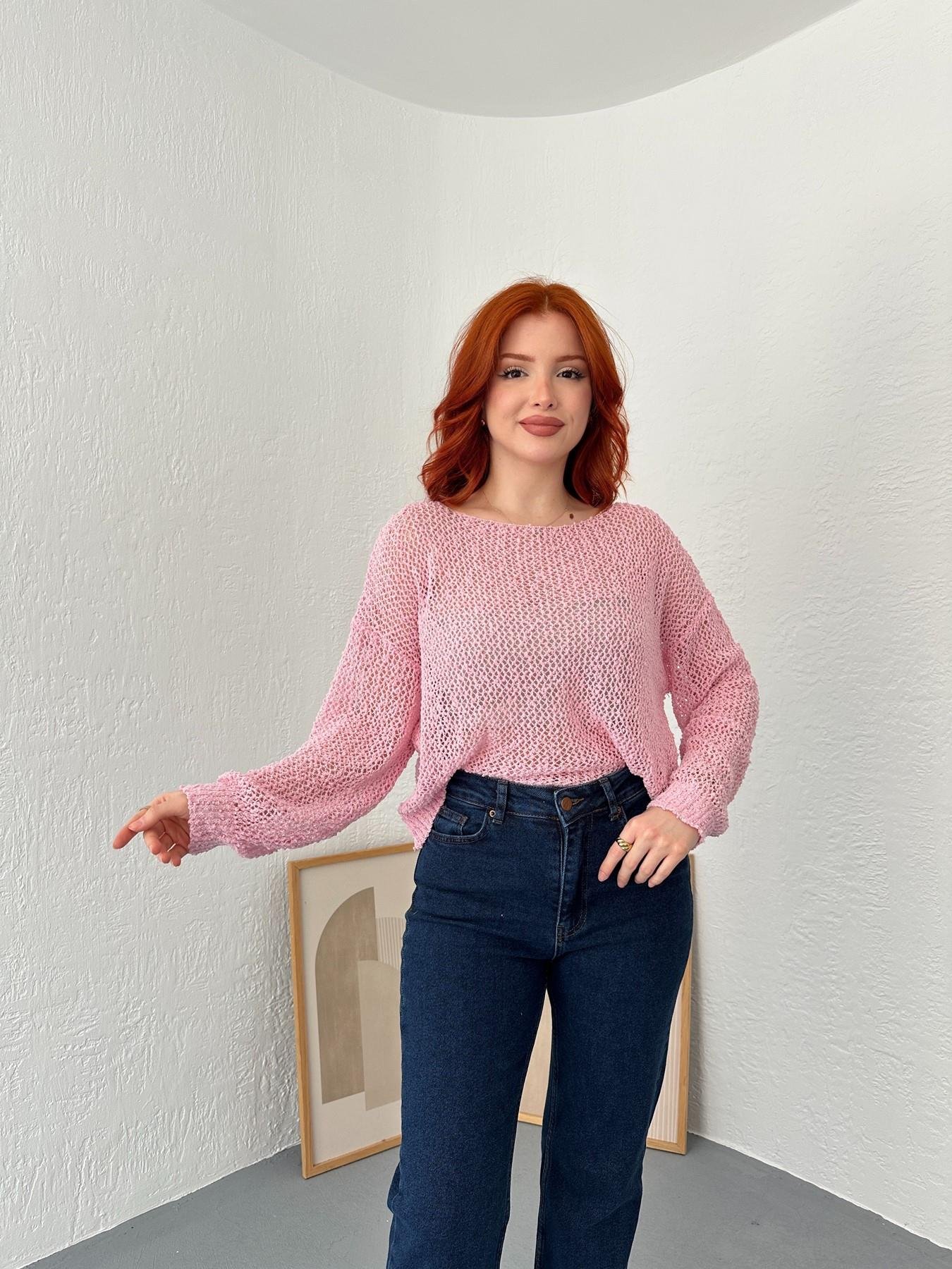 Kayık Yaka Buklet Örgü Triko Pembe