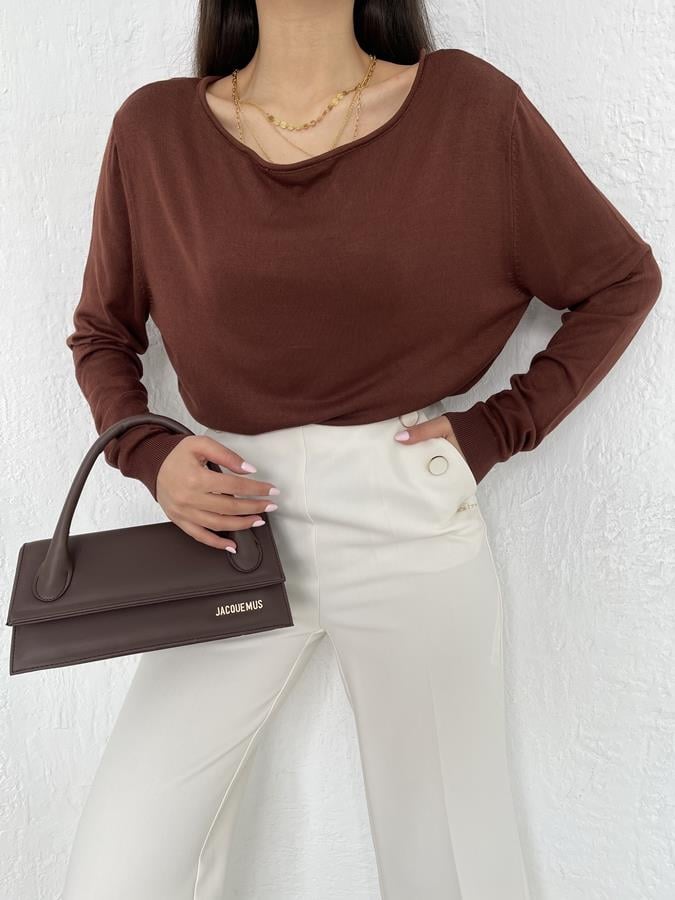 Kayık Yaka Yırtmaçlı Triko KAHVE