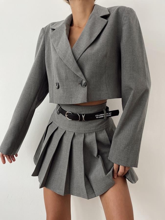 Kemer Detaylı Pileli Etek GRİ