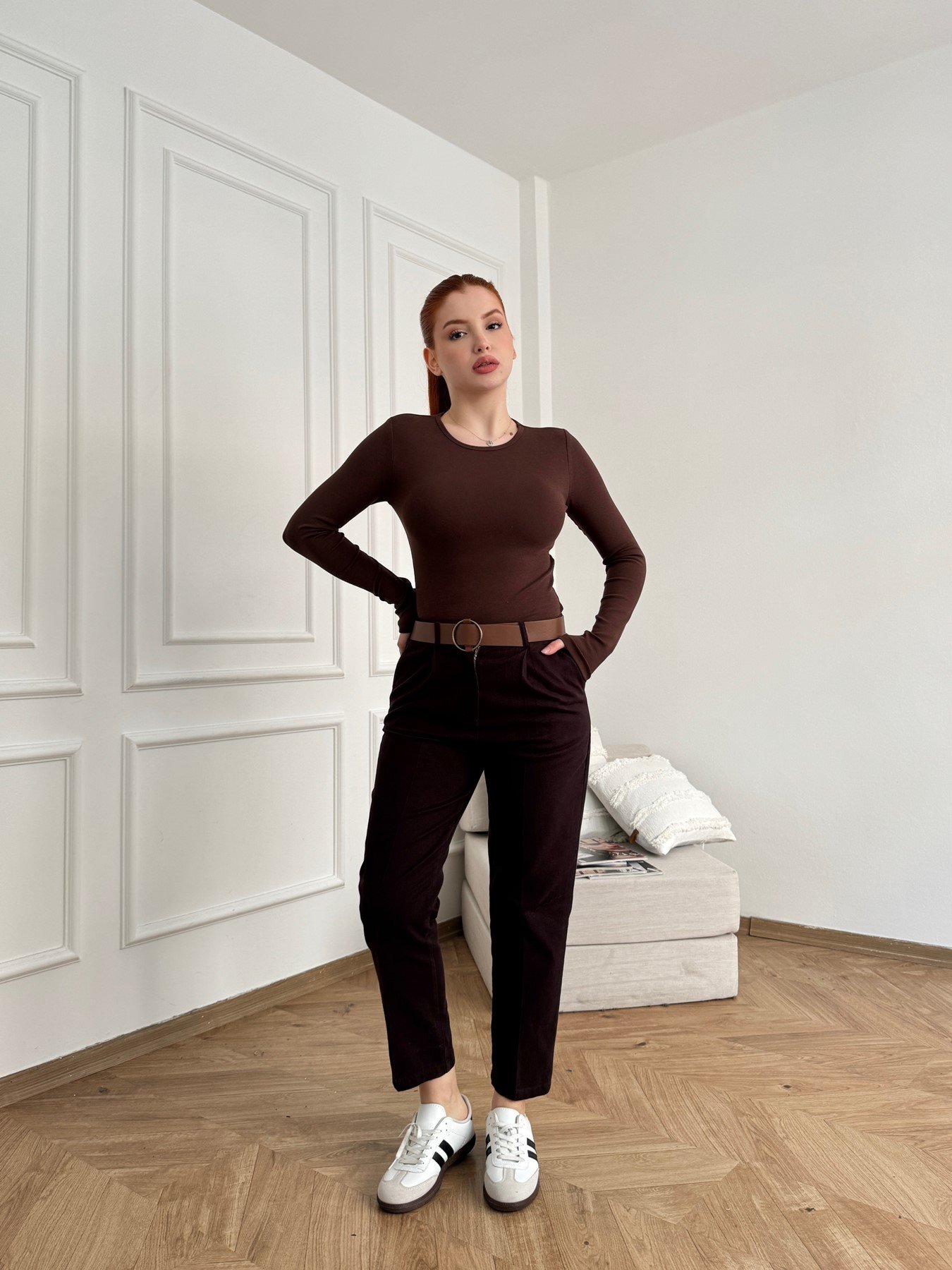 Kemerli Gabardin Pantolon Koyu kahve