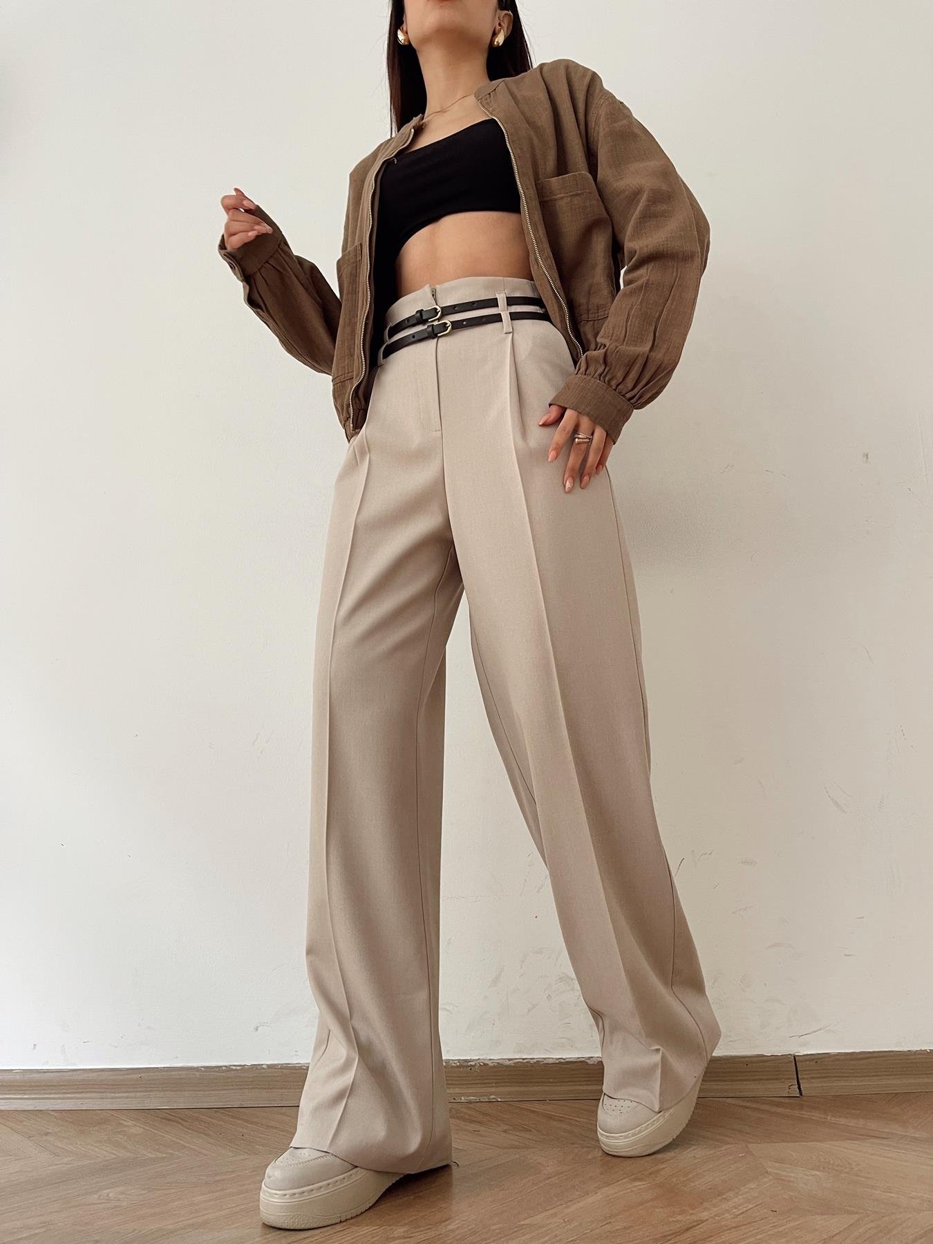 Kemerli Yüksek Bel Palazzo Pantolon TAŞ