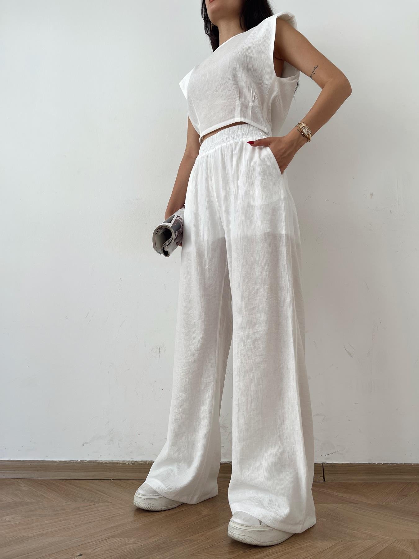 Kendinden Desenli Bol Pantolon EKRU