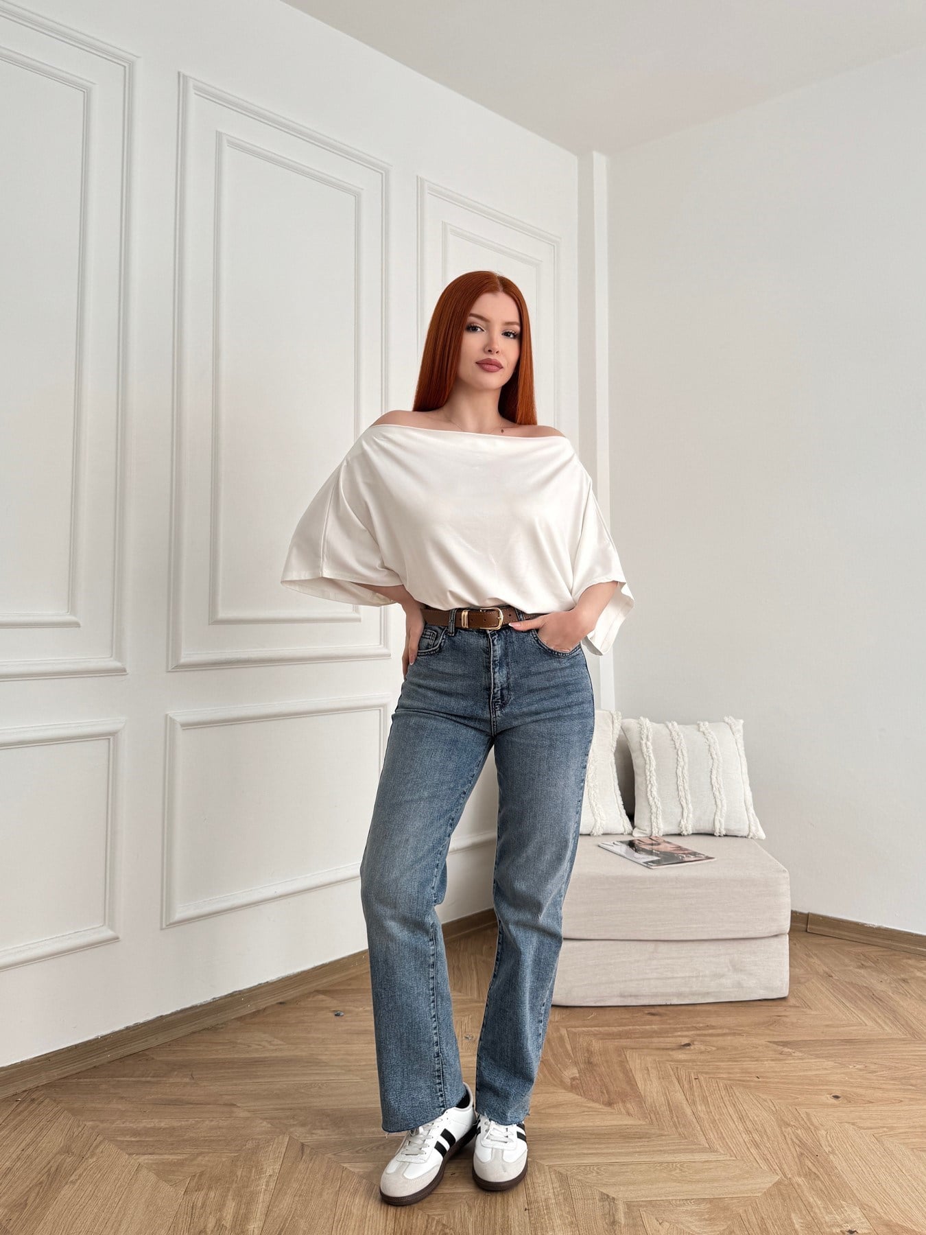 Kesik Paça Kemerli Straight Pantolon Koyu mavi
